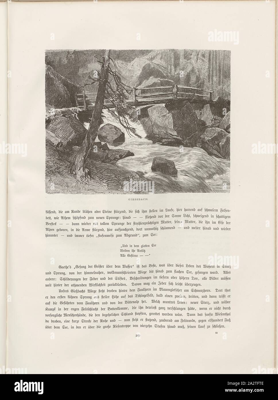 Giessbach, illustrazione di un ponte al di sopra della Giessbach dal xix secolo, firmato: Ar., Calame, Alex., Calame, Fig. 219, p. 249, Calame, Arthur; Calame, Alexander, Woldemar Kaden: Das Schweizerland: eine Sommerfahrt durch Gebirg und Thal. Stoccarda: Engelhorn, 1875 Foto Stock