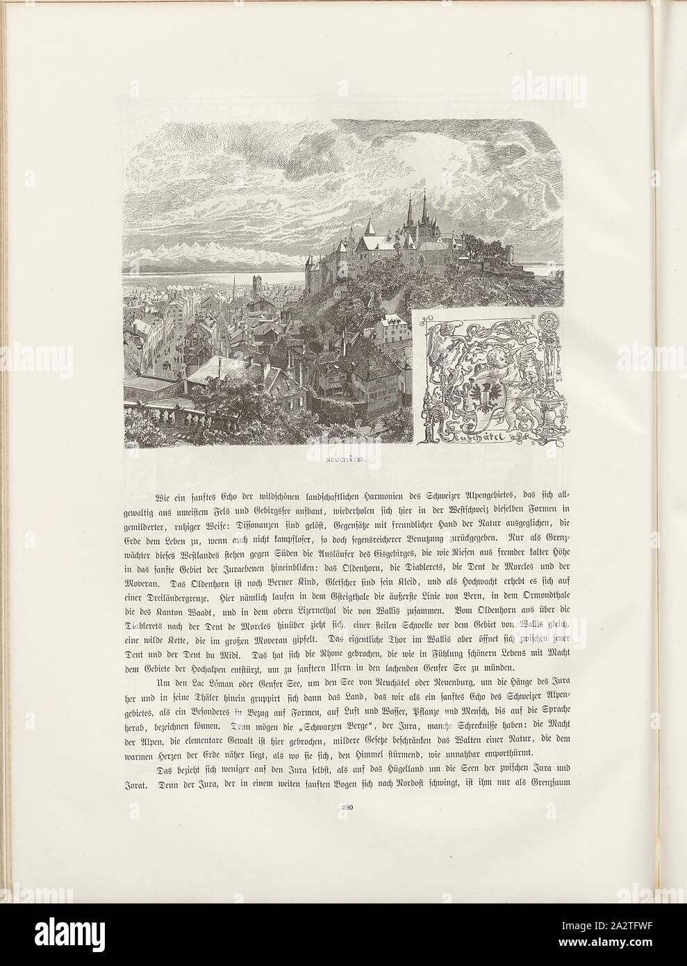 Neuchâtel, vista sulla città e lo stemma di Neuchâtel dal xix secolo, firmato: Aneto, Fig. 243, p. 280, aneto, Ludwig, Woldemar Kaden: Das Schweizerland: eine Sommerfahrt durch Gebirg und Thal. Stoccarda: Engelhorn, 1875 Foto Stock