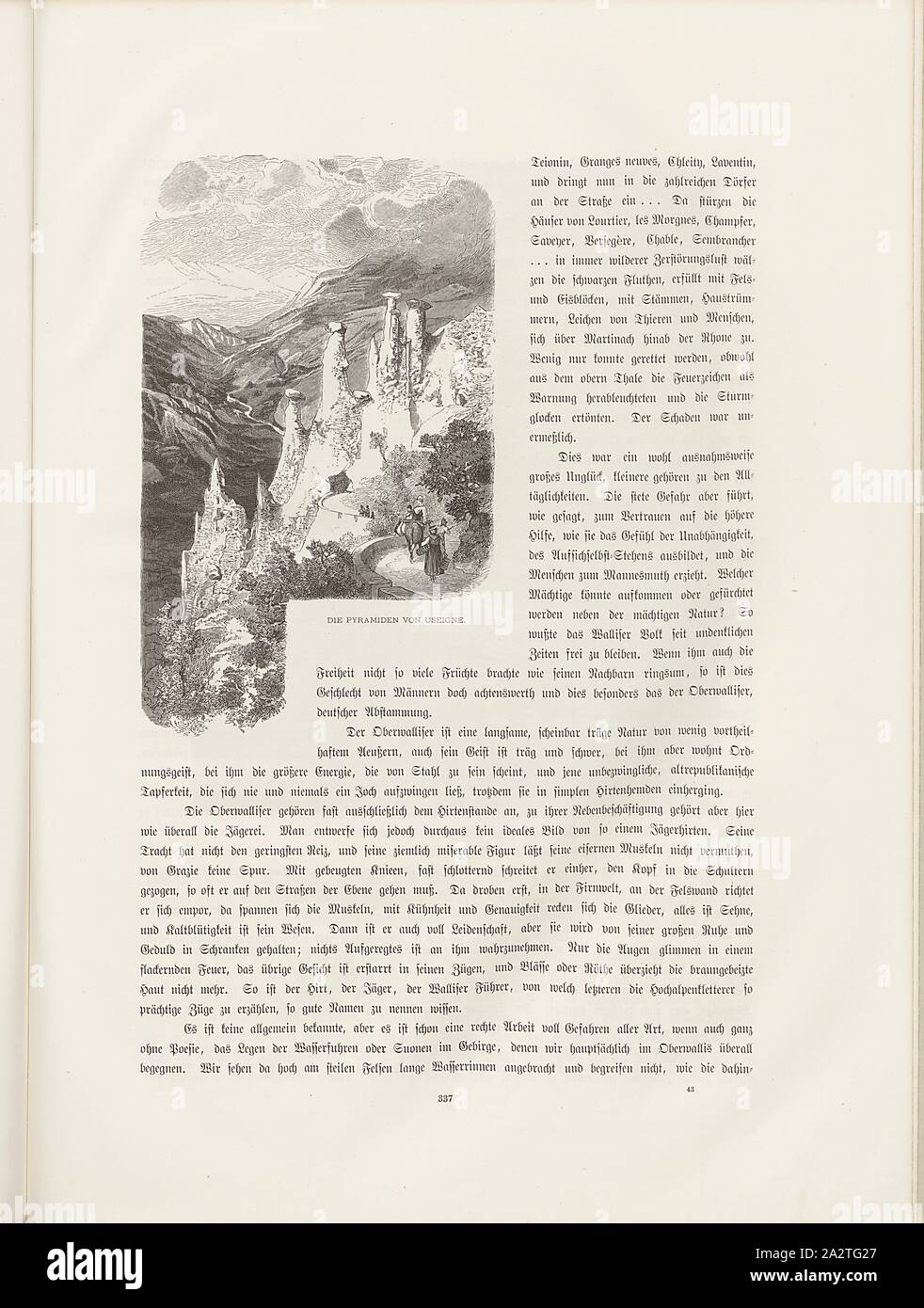 Le piramidi di Useigne, illustrazione delle piramidi di terra di Useigne dal xix secolo, Fig. 291, p. 337, Woldemar Kaden: Das Schweizerland: eine Sommerfahrt durch Gebirg und Thal. Stoccarda: Engelhorn, 1875 Foto Stock