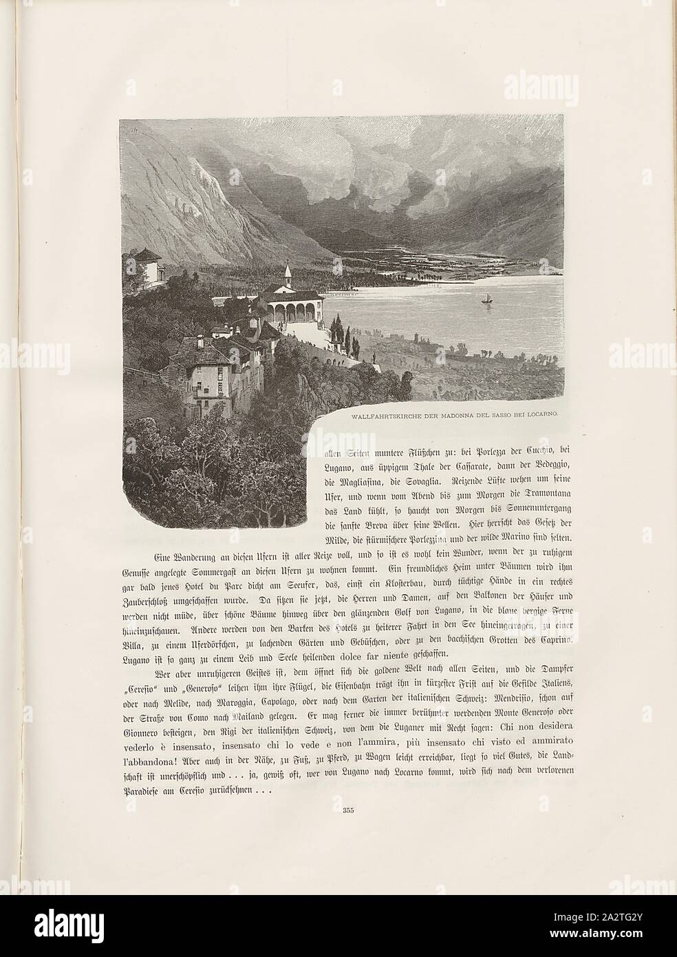 Santuario della Madonna del Sasso vicino a Locarno, vista di un pellegrinaggio alla chiesa della Madonna del Sasso vicino a Locarno dal xix secolo, firmato: Aneto, Fig. 307, p. 355, aneto, Ludwig, Woldemar Kaden: Das Schweizerland: eine Sommerfahrt durch Gebirg und Thal. Stoccarda: Engelhorn, 1875 Foto Stock