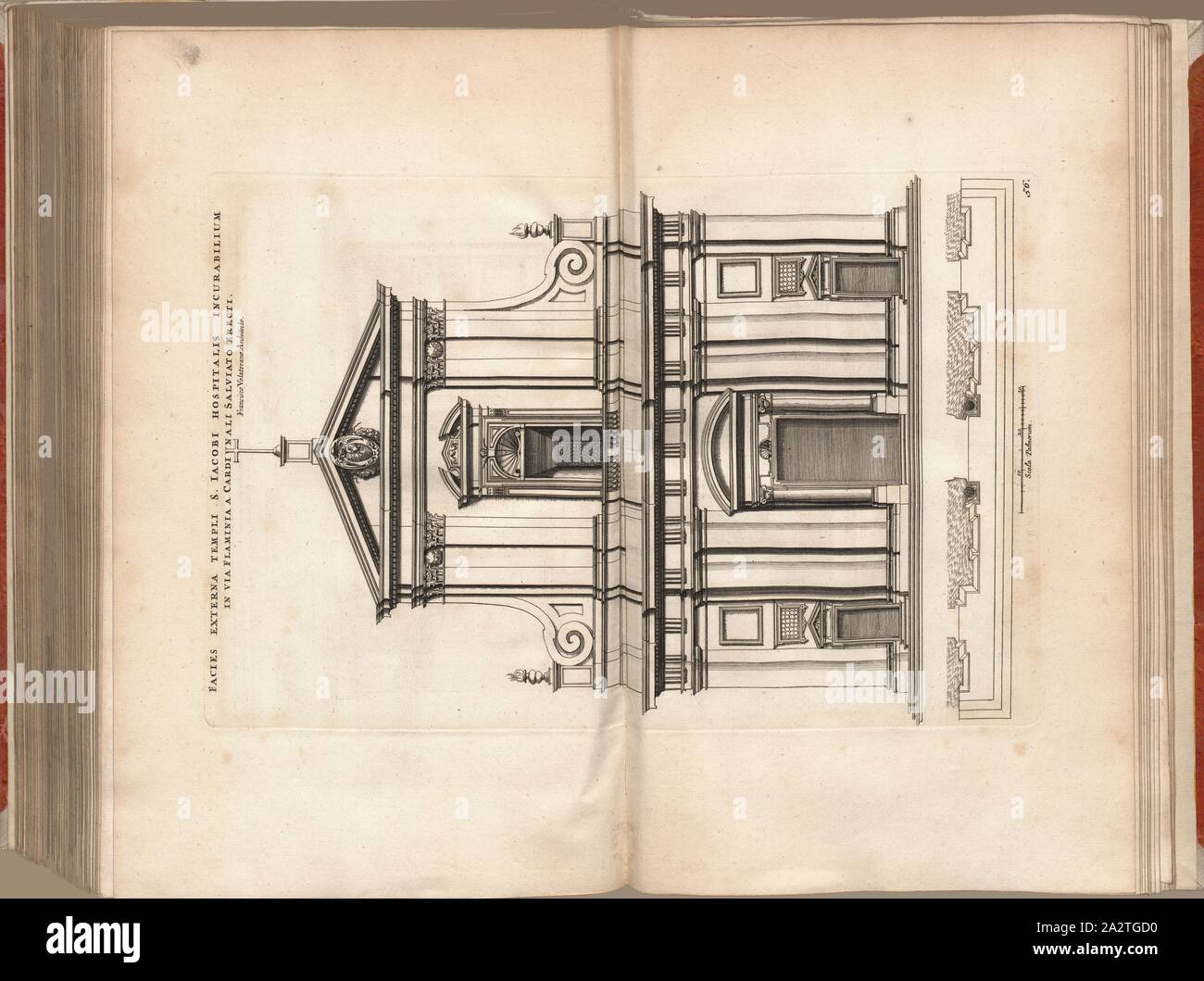 La faccia esterna del tempio di St James ospedale con un inguaribile Via Cardinal Salviato Alert, Chiesa di San Giacomo degli Incurabili (San Giacomo in Augusta) in Roma, Fig. 112, 56, dopo p. 94, Offizin Endter Nürnberg (imp.), 1775, Joachim Von Sandrart:Teutsche Academie der Bau- Bildhauer- und Maler-Kunst: worinn die Regeln und Lehrsätze dieser Künste gegeben, nicht weniger zu mehrerer Erläuterung die besten Exempel der alten und neuen Künstler in Kupfer beygefüget worden, wie solche in Rom auf das genaueste abgezeichnet sind: nebst den Lebensbeschreibungen der besten griechischen Foto Stock