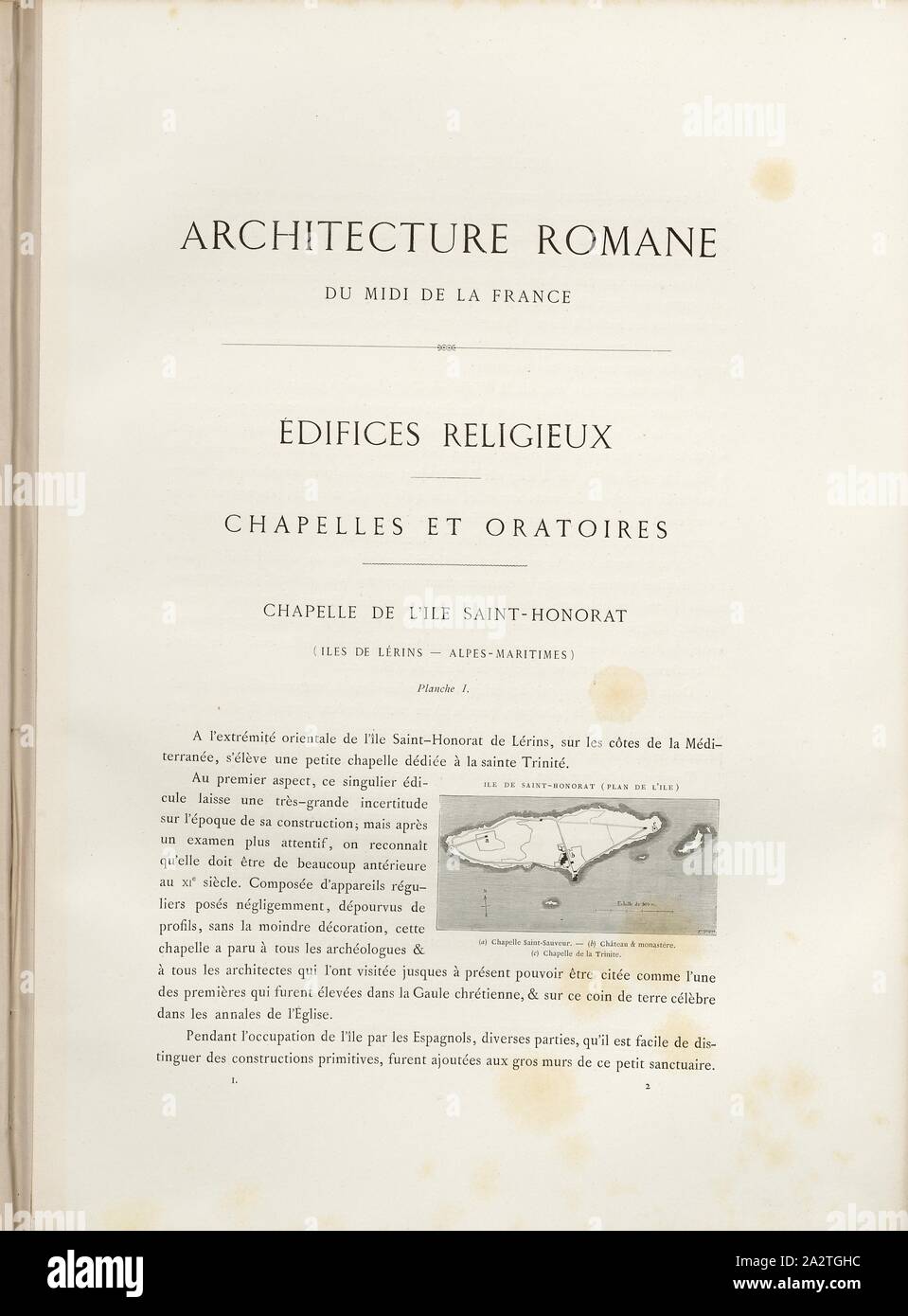 Ile de Saint Honorat Island Map, Mappa dell'isola di Saint Honorat vicino a Cannes, firmato: Heulard, Fig. 1, p. 5, Revoil, Henry (dessinée), Henry Revoil: Architettura romane du Midi de la France: dessinée, mesurée et décrite. Bd. 1. Parigi: Vve A. Maurel & Cie, Libraires-Editeurs, MDCCC LXXIII. [1873 Foto Stock