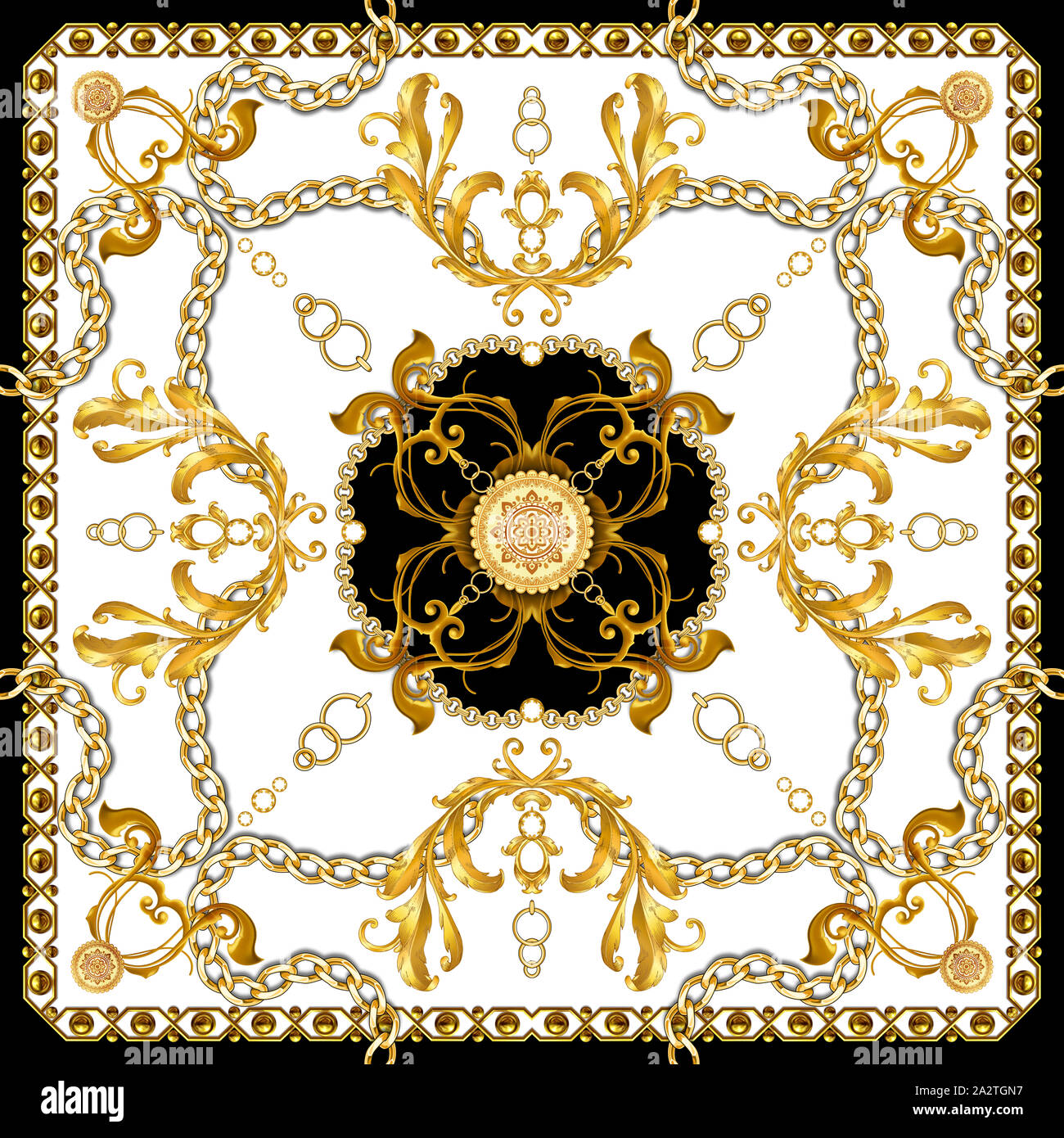 Golden barocca con catene su sfondo bianco. Pronto per la stampa tessile. Foulard di seta Pattern. Foto Stock