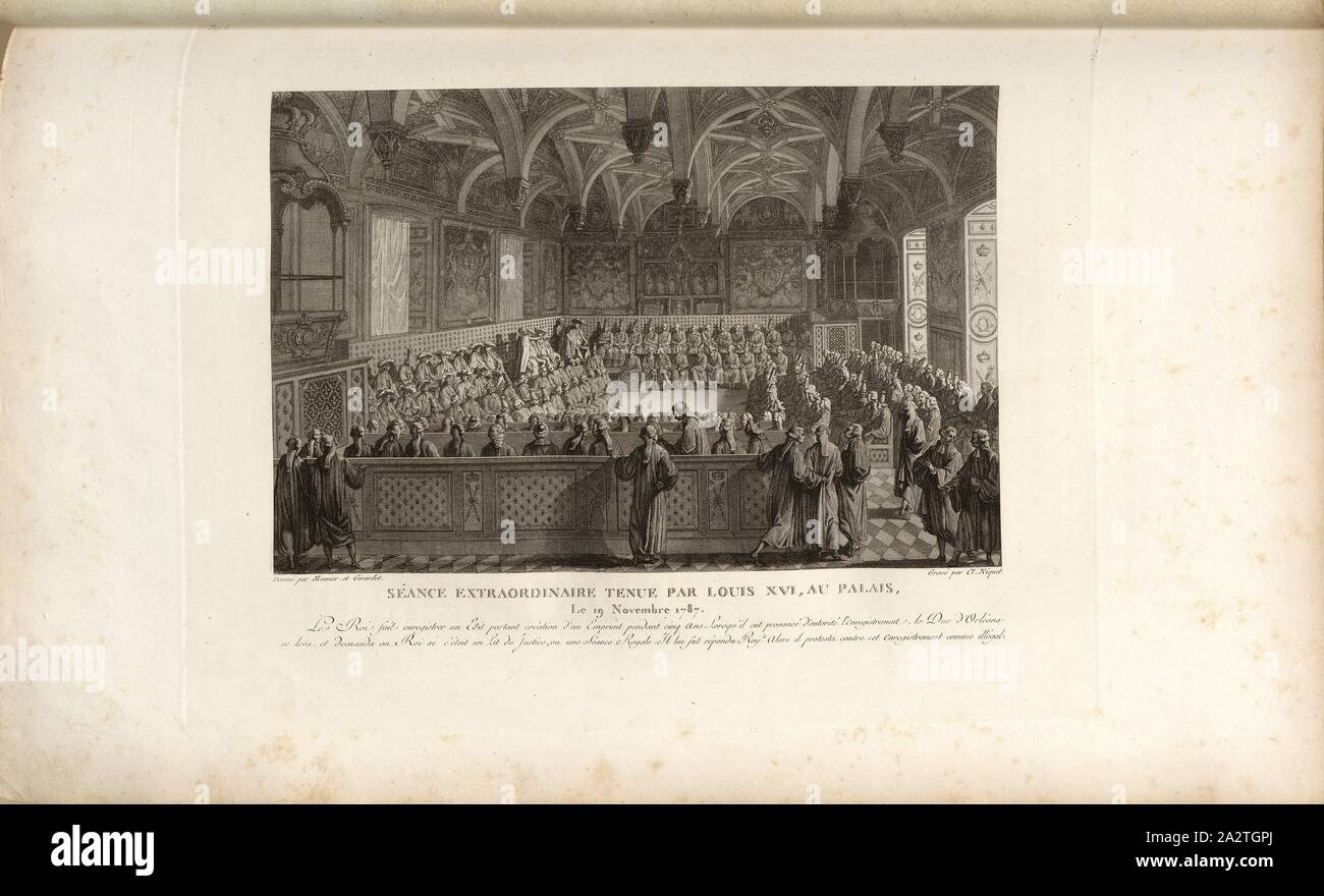 Riunione straordinaria da Luigi XVI. presso il Palazzo, 19 novembre 1787 Incontro presso il Palais de Justice di Parigi il 19 novembre 1787, firmato: Dessiné par Meunier et Girardet; Gravé par cl., Niquet, Fig. 5, secondo p. 16, Meunier (dess.); Girardet, Abramo (dess.); Niquet, Claude (gravé), Raccolta complète des tableaux historiques de la Révolution française en trois volumi [...]. Bd. 1. A Parigi: Chez Auber, Editeur, et seul Propriétaire: de l'Imprimerie de Pierre Didot l'aîné, un XI de la République Francçaise M. DCCCII Foto Stock