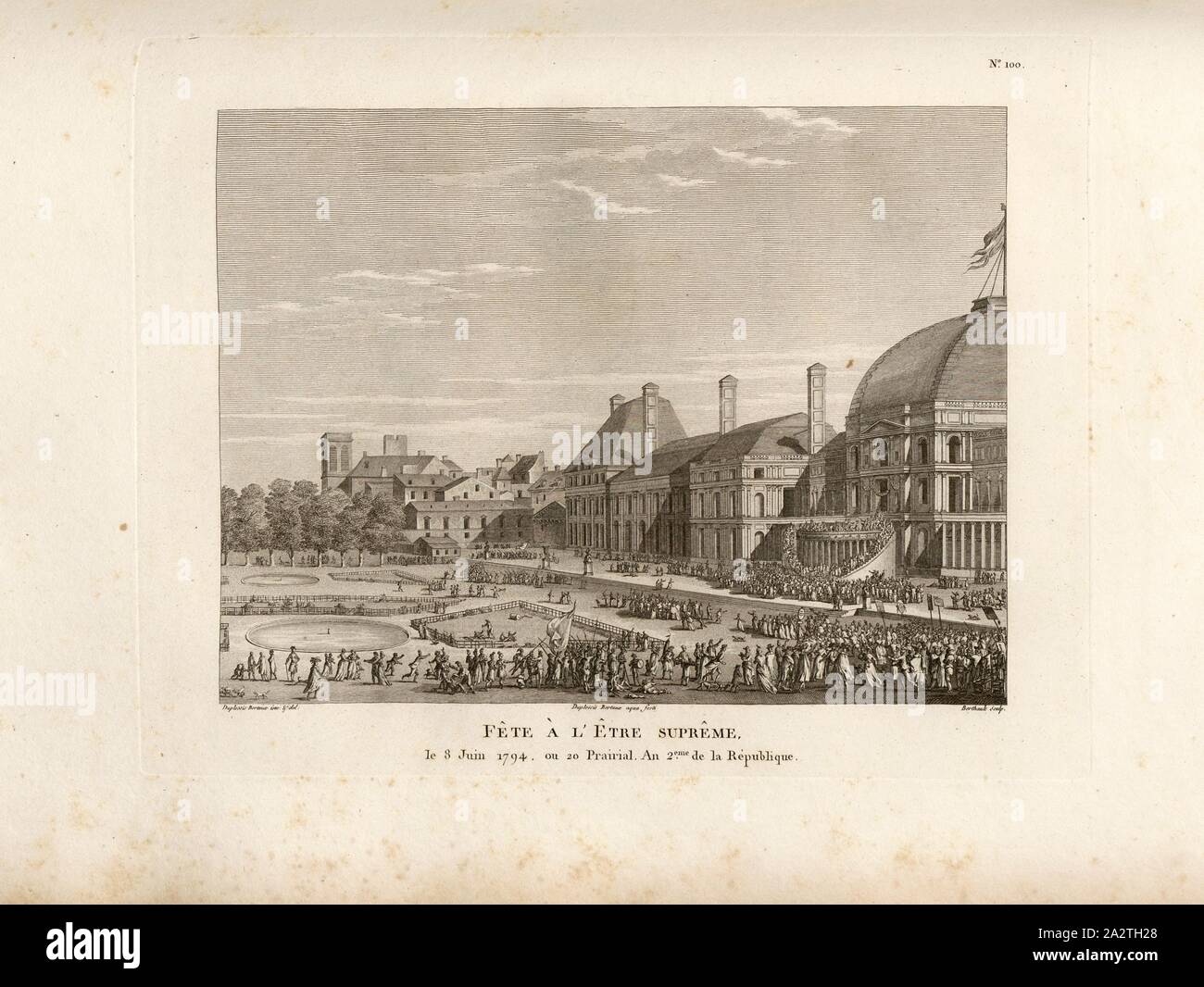 Festa dell'Essere Supremo, Giugno 8, 1794, o 20 Prairial Anno 2. della Repubblica, festa dell'Essere Supremo sul Campo Marzio a Parigi il 8 giugno 1794, firmato: Duplessis Bertaux inv. Et del, Duplessis Bertaux (aqua forti); Berthault sculp, Fig. 33, n. 100, secondo p. 404 (Centième tableau), Swebach de Fontaine, Jacques François Joseph (inv. et canc.); Berthault, Pierre-Gabriel (sc.), Raccolta complète des tableaux historiques de la Révolution française en trois volumi [...]. Bd. 2. A Parigi: Chez Auber, Editeur, et seul Propriétaire: de l'Imprimerie de Pierre Didot l'aîné, un XI de la Foto Stock