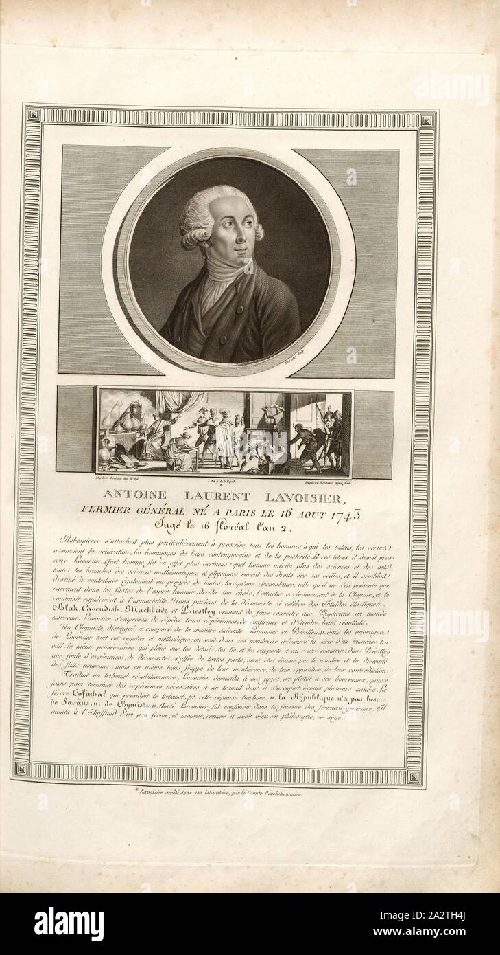 Antoine Laurent Lavoisier, imprenditore generale nato a Parigi il 16 agosto 1743, giudicati in aprile 16 Floréal., Ritratto di Antoine Laurent de Lavoisier e Lavoisier nel suo laboratorio di Parigi, firmato: Levachez sculp, Duplessi-Bertaux inv. Et del, Duplessi-Bertaux aqua forti, Fig. 14, p. 27, Levachez, Charles François Gabriel (sc.); Duplessi Bertaux, Jean (inv. et del.; aqua forti), Raccolta complète des tableaux historiques de la Révolution française en trois volumi [...]. Bd. 3. A Parigi: Chez Auber, Editeur, et seul Propriétaire: de l'Imprimerie de Pierre Didot l'aîné, un XI de la République Foto Stock