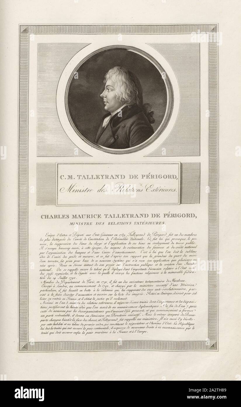 C. Il Sig. Talleyrand de Périgord, Ministro delle Relazioni Esterne, Ritratto di Charles-Maurice de Talleyrand-Périgord, Fig. 56, p. 9 (Costituzione de la République), Raccolta complète des tableaux historiques de la Révolution française en trois volumi [...]. Bd. 3. A Parigi: Chez Auber, Editeur, et seul Propriétaire: de l'Imprimerie de Pierre Didot l'aîné, un XI de la République Francçaise M. DCCCII Foto Stock