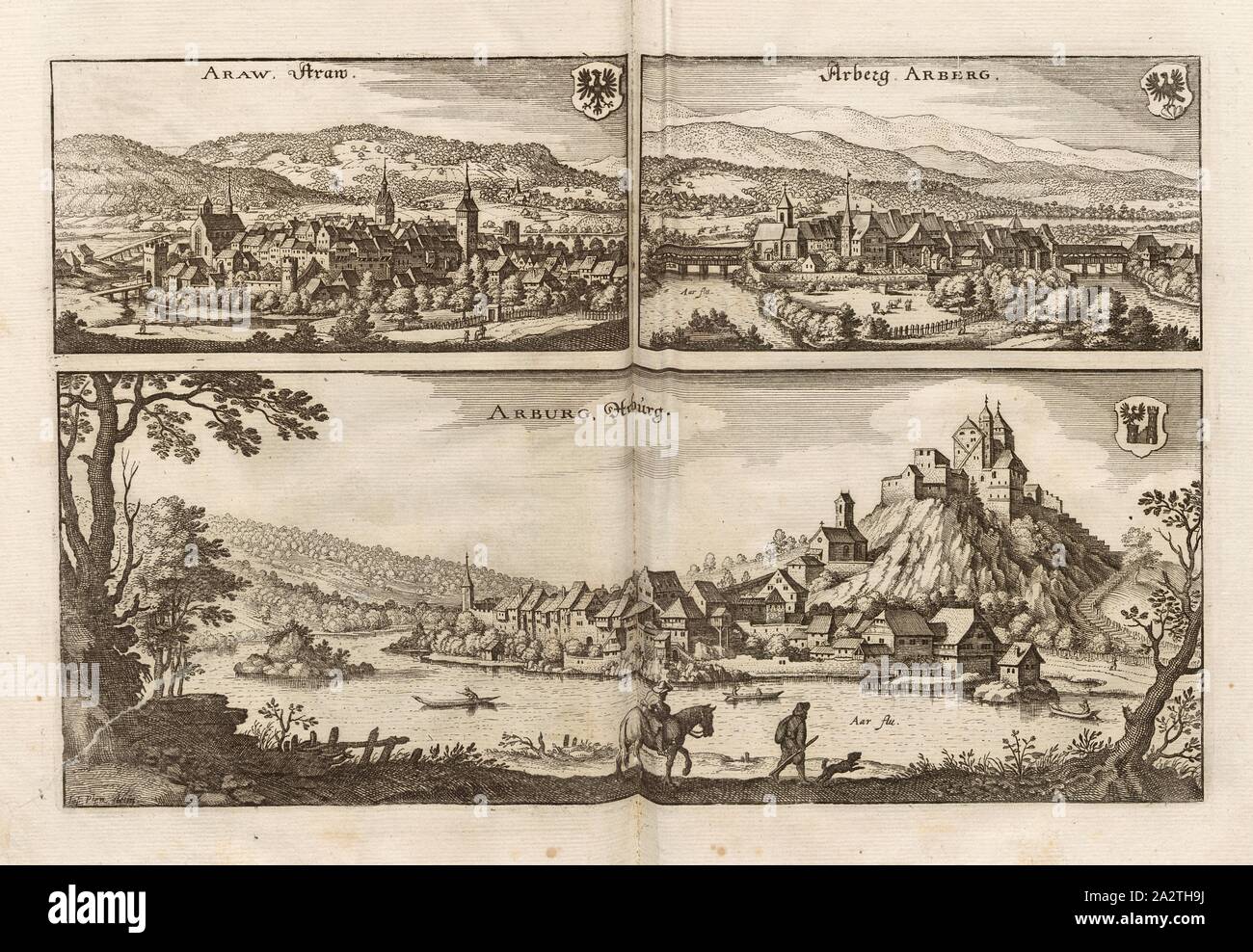 Araw, Arberg und Arburg, Aarau, ad Aarberg e Aarburg, firmato: Ios., Plep delin, Fig. 14, p. 26, Plepp, Giuseppe (CANC.), programma Matthaeus Merian der Ältere: topographia" Helvetiae, Rhaetiae, et Valesiae: das ist, Beschreibung und eygentliche Abbildung der vornehmsten Stätte und Plätze in der hochlöblichen Eydgnossschafft, Graubündten, Wallis und etlicher zugewandten Orthen. Franckfurt am Mayn: zum carrello verlegt von denen Merianischen Erben, im Jahr M DC LIV. [1654 Foto Stock