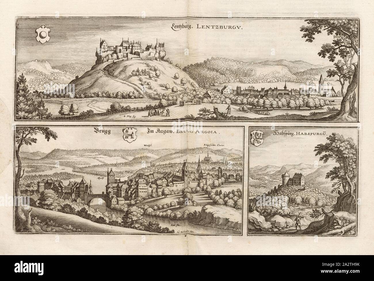 Lenzburg - Lenzburg, Brugg e Habsburg, Lenzburg, Brugg e Habsburg nel Cantone di Argovia, firmato: Io., Plep fig, Ios, orge delin, Fig. 15, p. 26, Plepp, Giuseppe (fig.); Zehender, Josua (CANC.), programma Matthaeus Merian der Ältere: topographia" Helvetiae, Rhaetiae, et Valesiae: das ist, Beschreibung und eygentliche Abbildung der vornehmsten Stätte und Plätze in der hochlöblichen Eydgnossschafft, Graubündten, Wallis und etlicher zugewandten Orthen. Franckfurt am Mayn: zum carrello verlegt von denen Merianischen Erben, im Jahr M DC LIV. [1654 Foto Stock