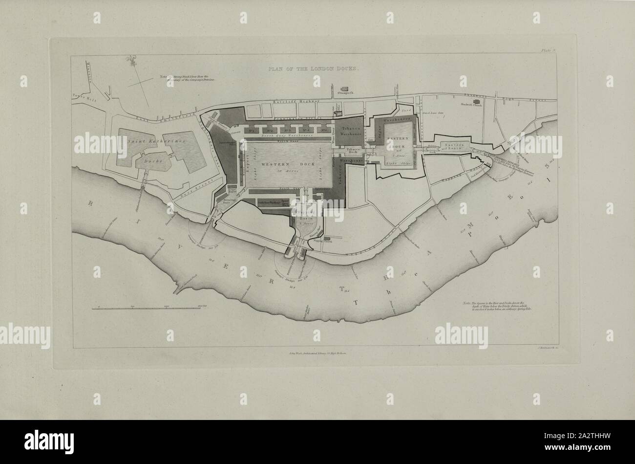 Piano dei docks londinesi, piano di pavimento del XIX secolo docks londinesi, firmato: J. Hawkesworth Sc., Hawkesworth, J. (sc.), 1838, Federico Walter Simms: opere pubbliche di Gran Bretagna, consistente di ferrovie, rotaie, sedie, blocchi [...]: [...] ghisa ponti, ferro e lavori gas [...] Il piano del porto e del porto di Londra: tutto il reso della massima utilità per l'ingegnere civile per la nobiltà e gentry, come i monumenti delle arti utili in questo paese e come esempi per il tecnico di stranieri. Londra: John Weale, 1838 Foto Stock