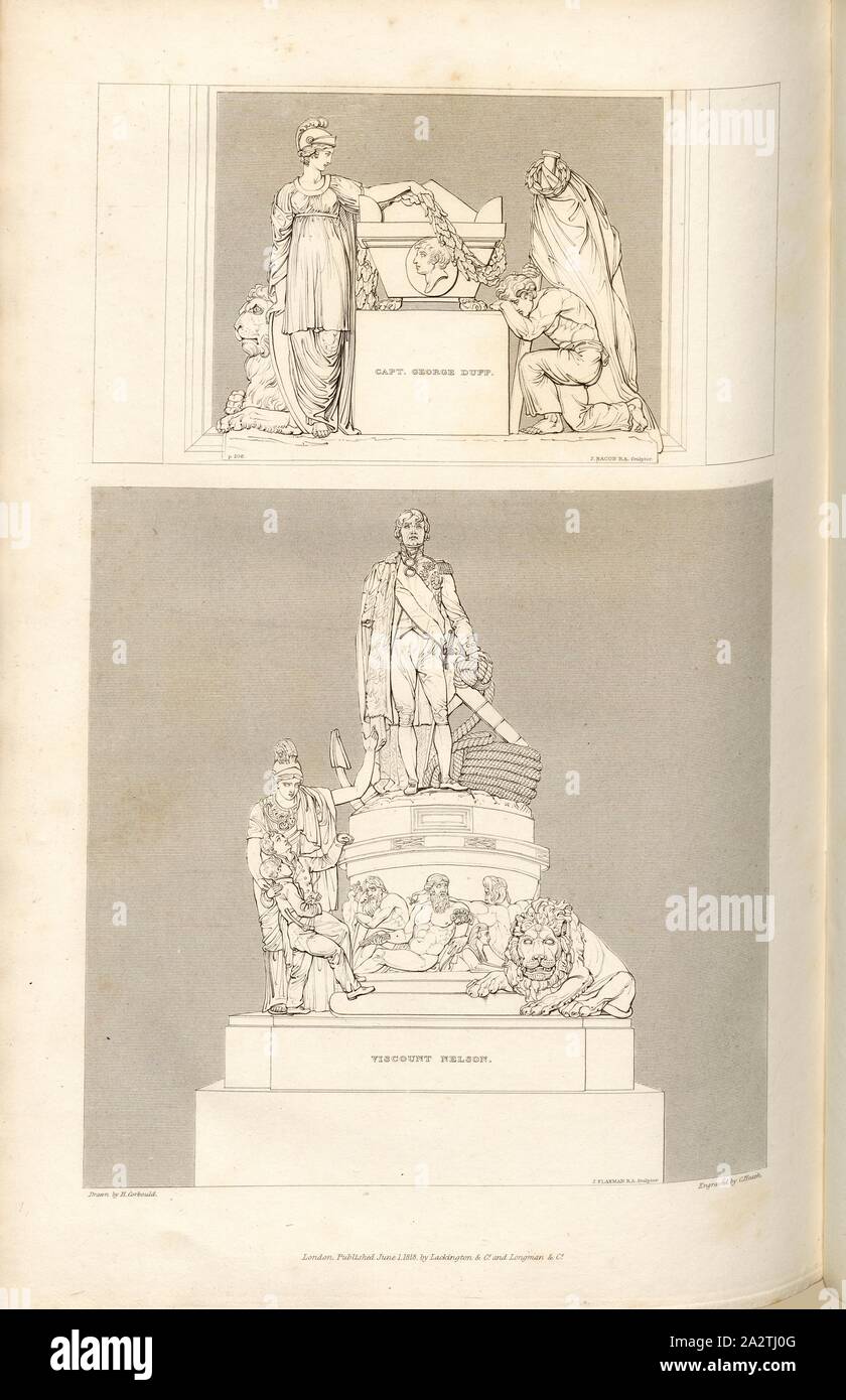 Monumento del Visconte Nelson e il cap. Geo. Duff, monumenti al Capitano George Duff e Monumento Nelson nella cattedrale di San Paolo, firmato: disegnato da H. Corbould; incisi da C. Heath; pubblicato da Lackington & Co. e Longman & Co., Pl. LXIII, dopo p. 466, Corbould, H. (disegno); Heath, C. (incisione); Lackington & Co. (Publ.); Longman & Co. (Publ.), William Dugdale, Henry Ellis: la storia di Saint Paul Cathedral a Londra, dalla sua fondazione: estratto di carte originale, record leiger-libri e altri manoscritti. Londra: stampate per Lackington, Hughes, Harding, Mavor e Jones Foto Stock