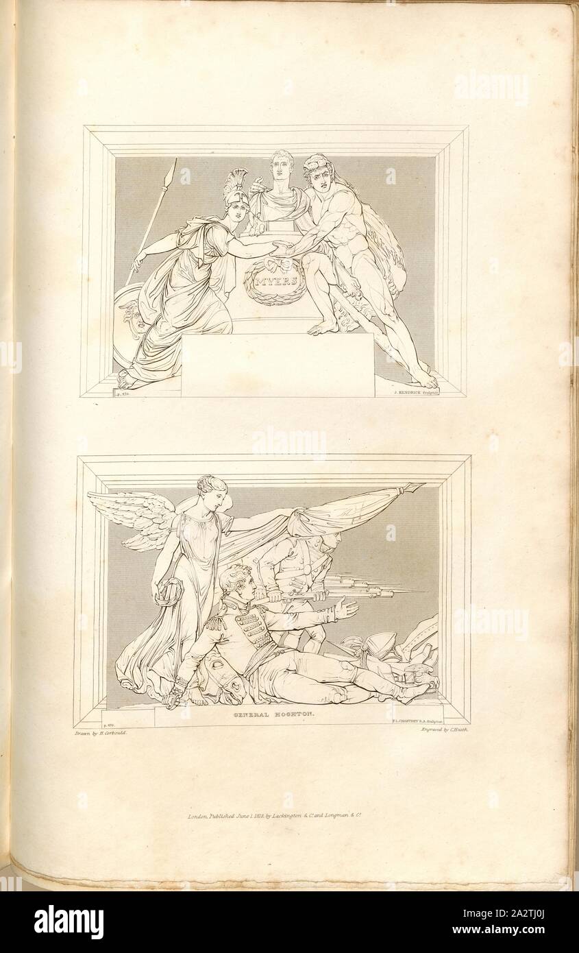 Generale e Hoghton Sir William Myers, monumenti di General Daniel Hoghton e Sir William Myers, firmato: disegnato da H. Corbould; incisi da C. Heath; pubblicato da Lackington & Co. e Longman & Co., Pl. LXV, dopo p. 470, Corbould, H. (disegno); Heath, C. (incisione); Lackington & Co. (Publ.); Longman & Co. (Publ.), William Dugdale, Henry Ellis: la storia di Saint Paul Cathedral a Londra, dalla sua fondazione: estratto di carte originale, record leiger-libri e altri manoscritti. Londra: stampate per Lackington, Hughes, Harding, Mavor e Jones; e Longman, Hurst, Rees, Orme Foto Stock