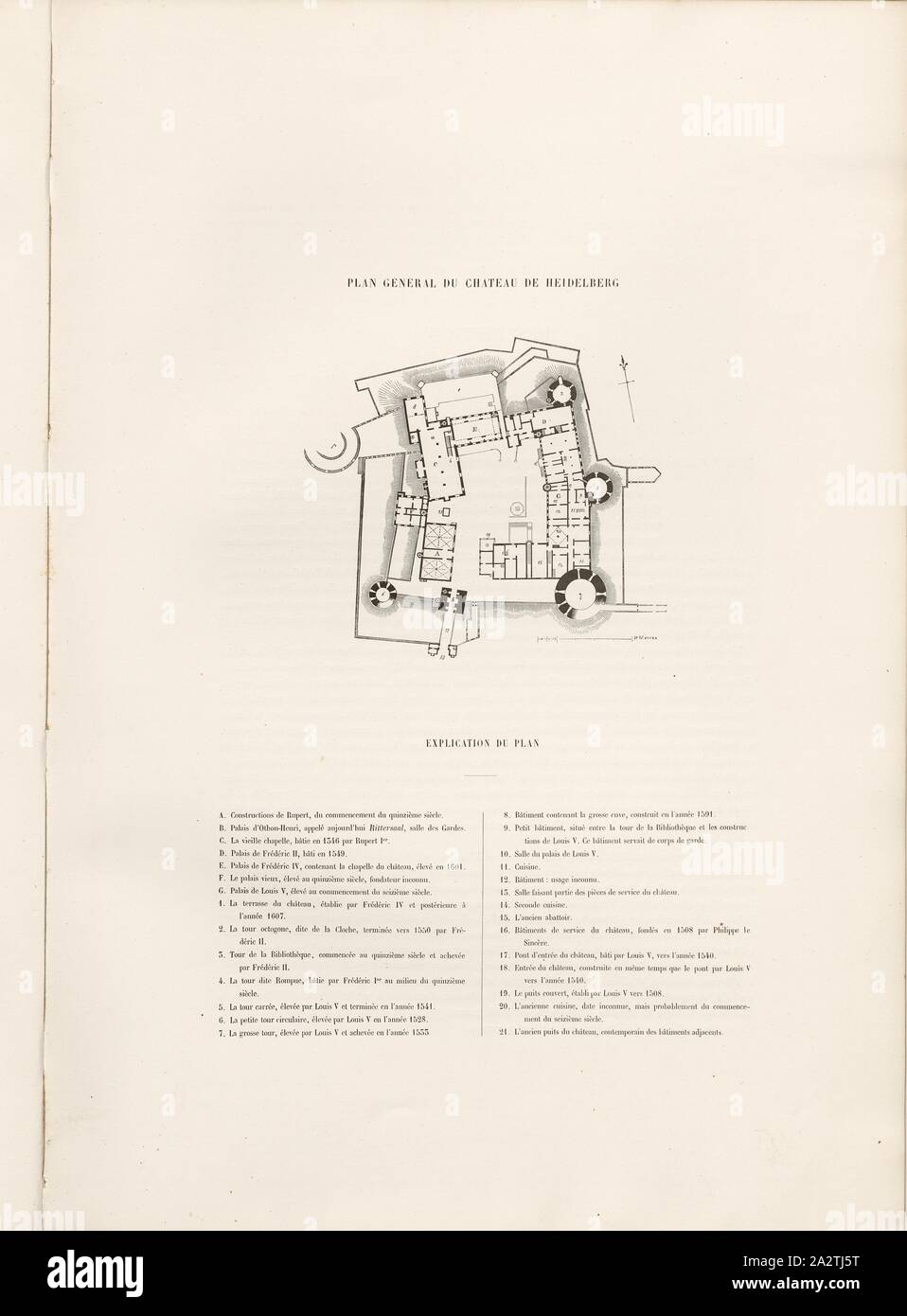 Piano generale del castello di Heidelberg, piano del castello di Heidelberg con legenda, Fig. 1, secondo p. 6, Pfnor, Rodolphe (dessinée et gravée), Rodolphe Pfnor, Daniel Ramée: Monographie du Château de Heidelberg. Parigi: A. Morel et Cie, Editeurs, 1859 Foto Stock