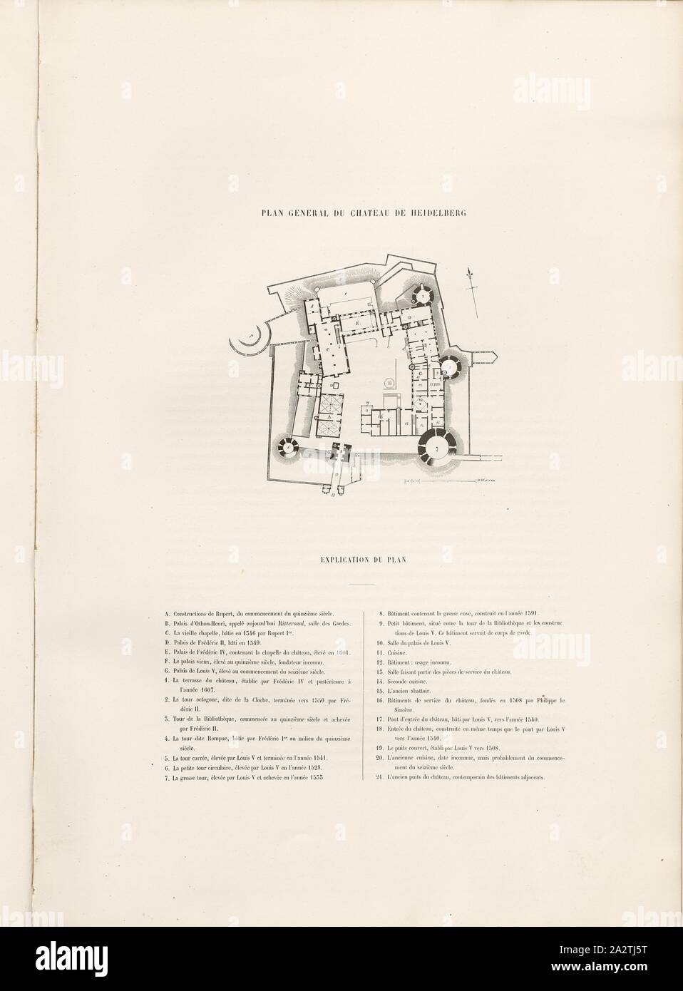 Piano generale del castello di Heidelberg, piano del castello di Heidelberg con legenda, Fig. 1, secondo p. 6, Pfnor, Rodolphe (dessinée et gravée), Rodolphe Pfnor, Daniel Ramée: Monographie du Château de Heidelberg. Parigi: A. Morel et Cie, Editeurs, 1859 Foto Stock