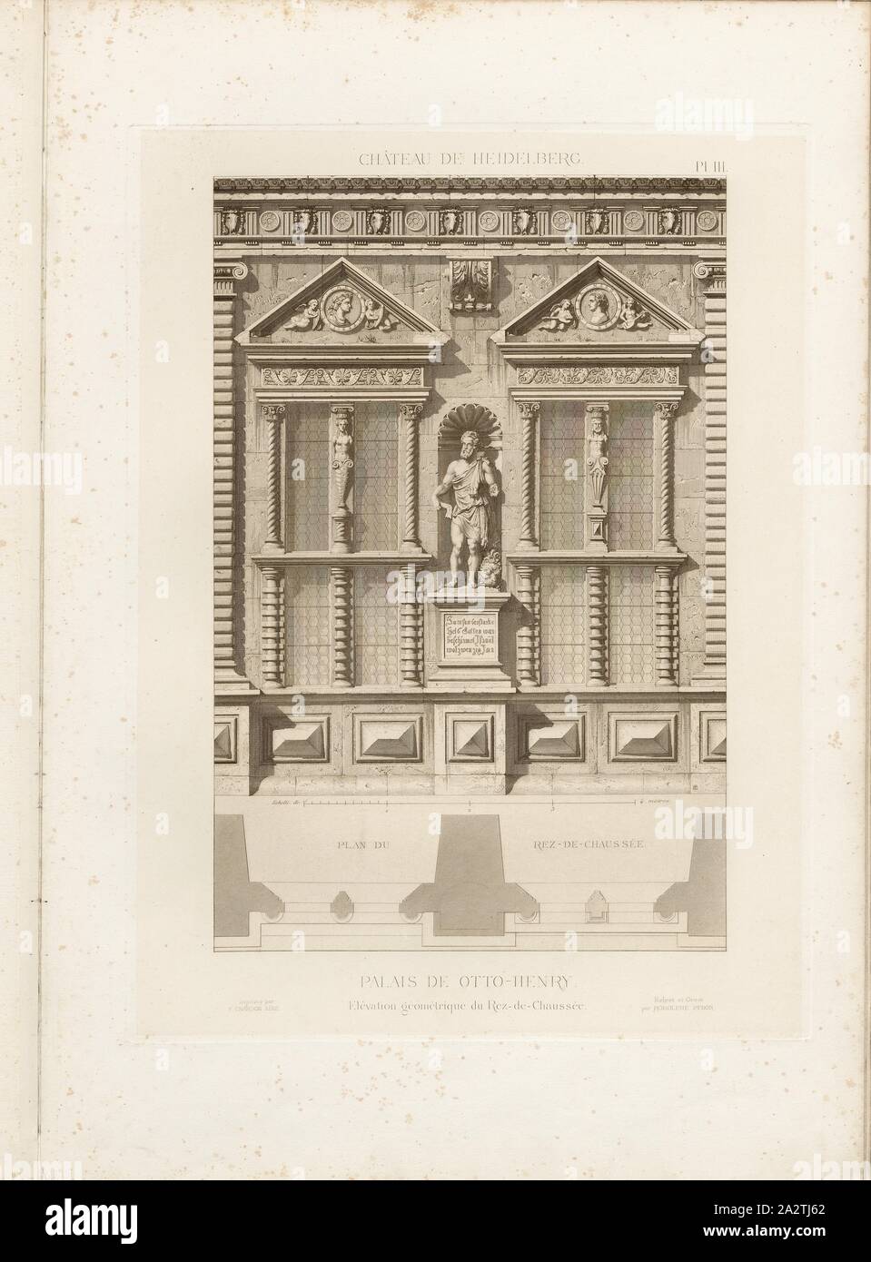 Il castello di Heidelberg, Otto Henry Palace, elevazione geometrica del piano terra, elevazione dell'edificio Ottheinrich dal castello di Heidelberg, firmato: Relevé et Gravé par Rodolphe Pfnor; Imprimé da F. Chardon aîné, Fig. 5, Pl. III, dopo p. 16, Pfnor, Rodolphe (relevé et gravé); Chardon, F. aîné (imprimé), Rodolphe Pfnor, Daniel Ramée: Monographie du Château de Heidelberg. Parigi: A. Morel et Cie, Editeurs, 1859 Foto Stock