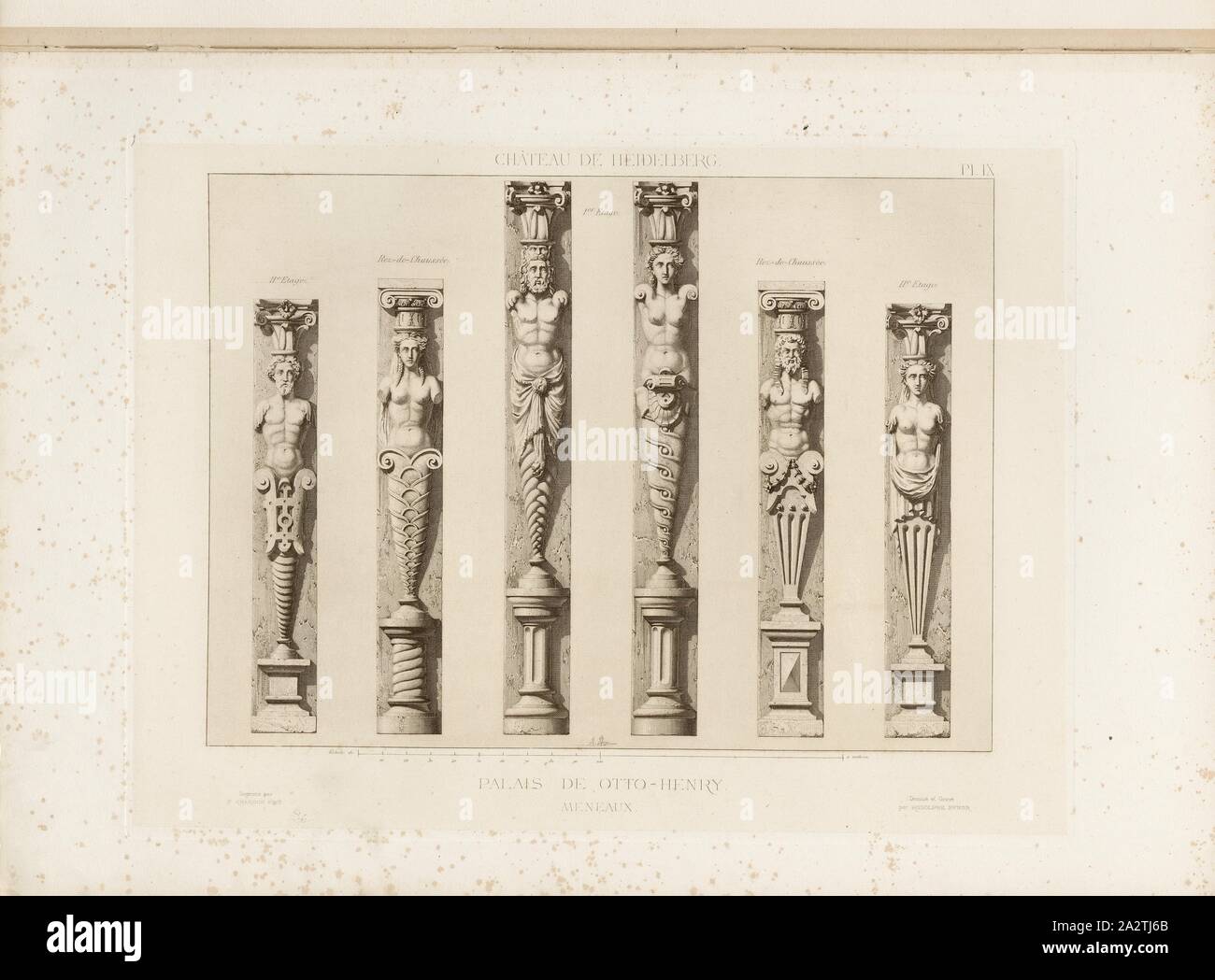 Il castello di Heidelberg, Otto Henry Palace, i sottili montanti, Post di Ottheinrich edificio dal castello di Heidelberg, firmato: Dessiné et Gravé par Rodolphe Pfnor; Imprimé da F. Chardon aîné, Fig. 12, Pl. IX, dopo p. 16, Pfnor, Rodolphe (dessiné et gravé); Chardon, F. aîné (imprimé), Rodolphe Pfnor, Daniel Ramée: Monographie du Château de Heidelberg. Parigi: A. Morel et Cie, Editeurs, 1859 Foto Stock