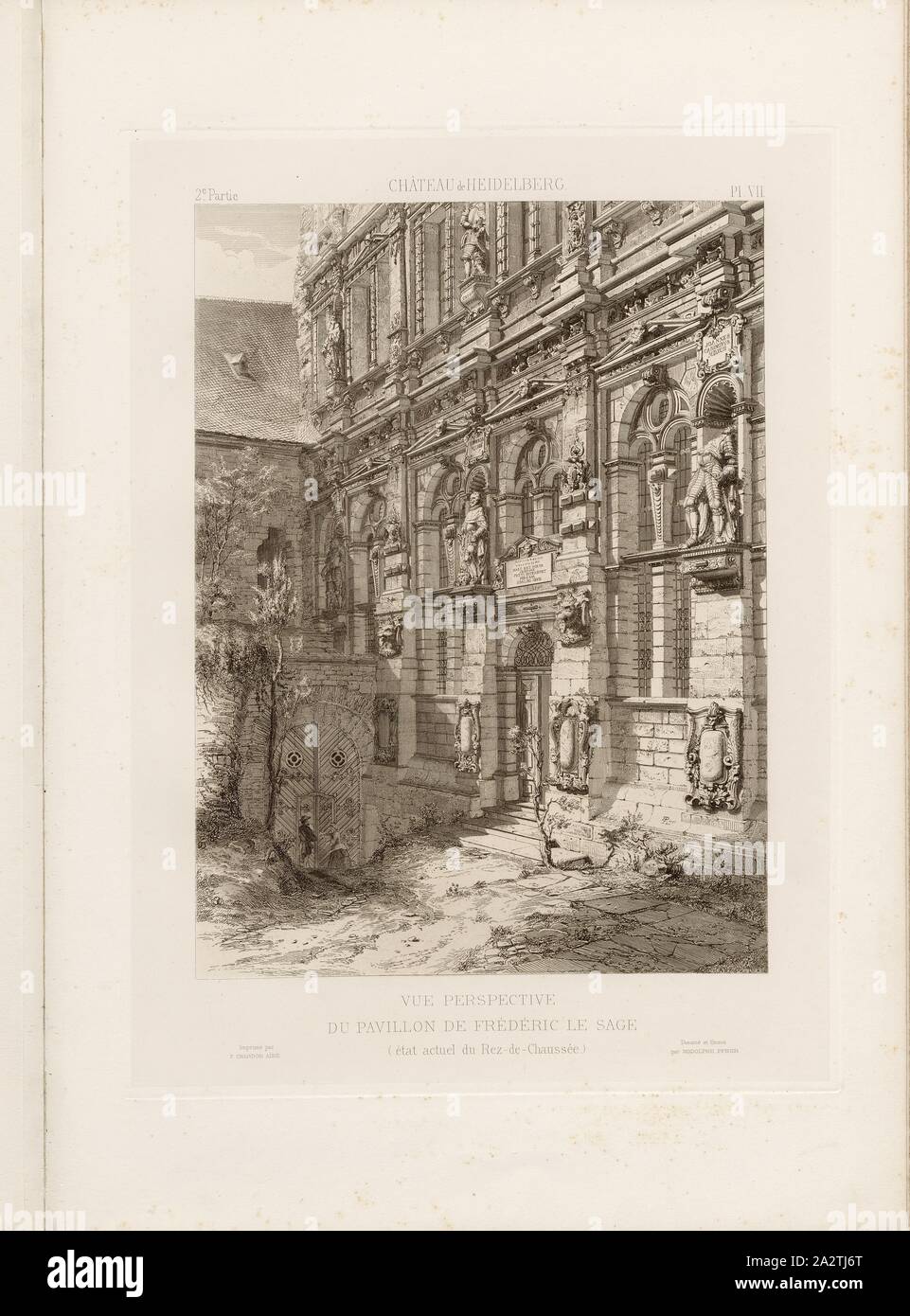 Castello di Heidelberg, vista prospettica di Federico il Saggio del padiglione, interrato del Friedrichsbau del castello di Heidelberg, firmato: Dessiné et Gravé par Rodolphe Pfnor; Imprimé da F. Chardon aîné, Fig. 21, seconda partita, Pl. VII, dopo p. 16, Pfnor, Rodolphe (dessiné et gravé); Chardon, F. aîné (imprimé), Rodolphe Pfnor, Daniel Ramée: Monographie du Château de Heidelberg. Parigi: A. Morel et Cie, Editeurs, 1859 Foto Stock