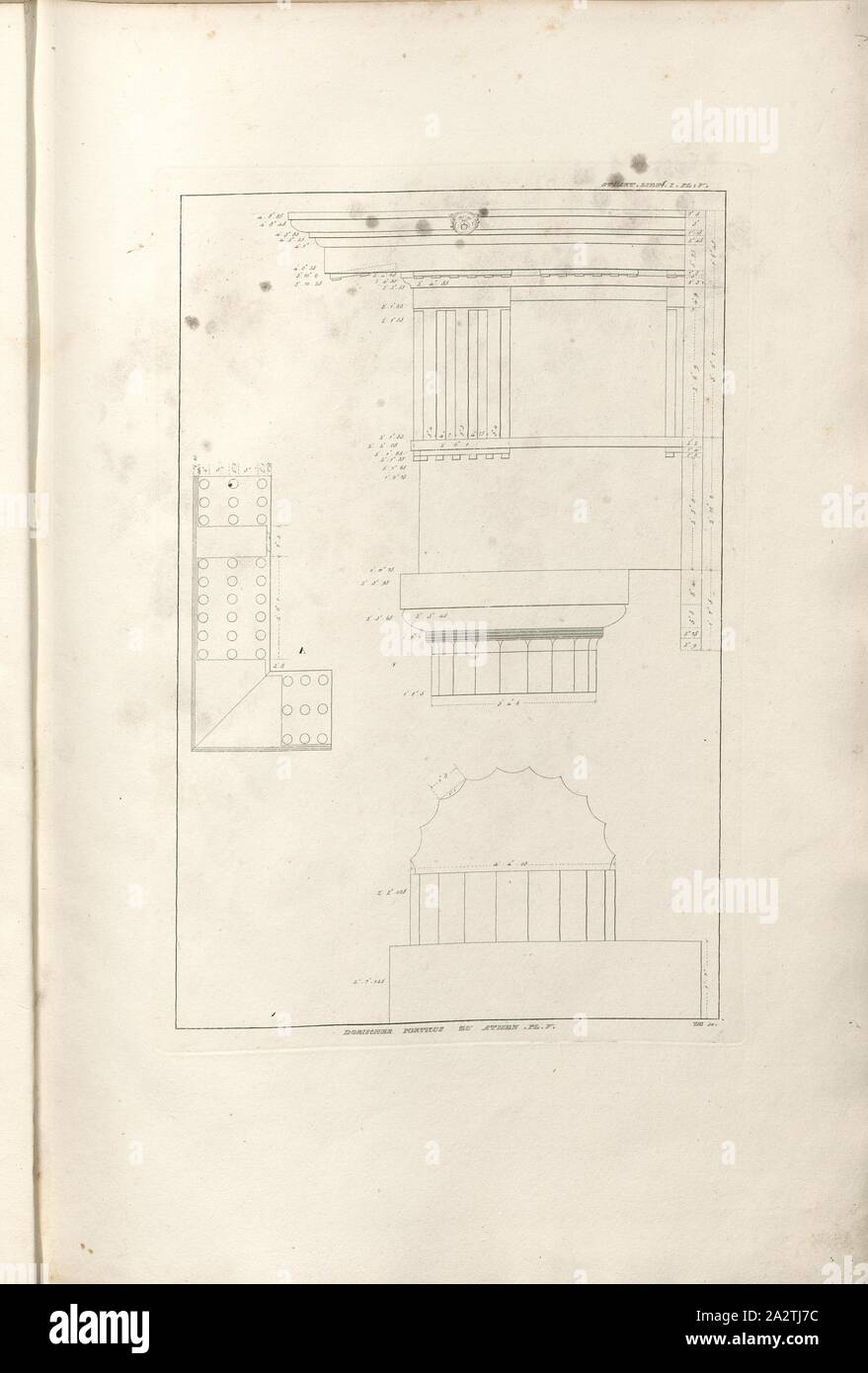 Portico dorico ad Atene. Pl. V, dettagli delle colonne e la trabeazione del porticato dorico in Atene (cfr Pl. Ho, problema ho), firmato: HWE sc, Pl. V, Lief. Ho, Eberhard, Heinrich Wilhelm (sc.), 1829, James Stuart, Nicholas Revett: Die Alterthümer zu Athen. Erster Theil. Leipzig und Darmstadt: Verlag von Carl Wilhelm Leske, [1829 Foto Stock