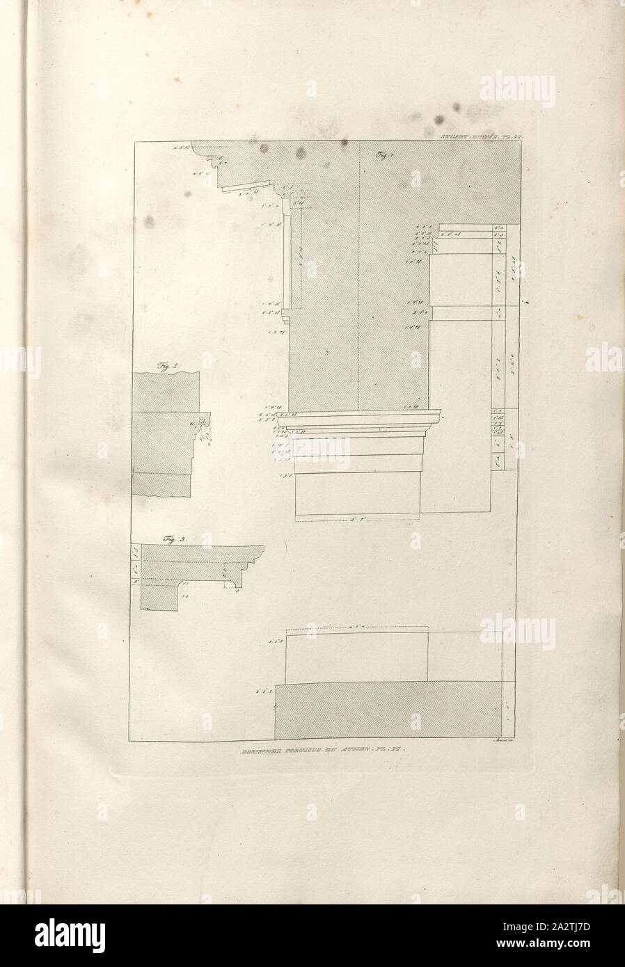 Portico dorico ad Atene. Pl. VI, capitelli e trabeazione del porticato dorico in Atene (cfr Pl. Ho, Suppl. I), firmato: Modificare sc, Pl. VI, Suppl, modificare, Christian (sc.), 1829, James Stuart, Nicholas Revett: Die Alterthümer zu Athen. Erster Theil. Leipzig und Darmstadt: Verlag von Carl Wilhelm Leske, [1829 Foto Stock