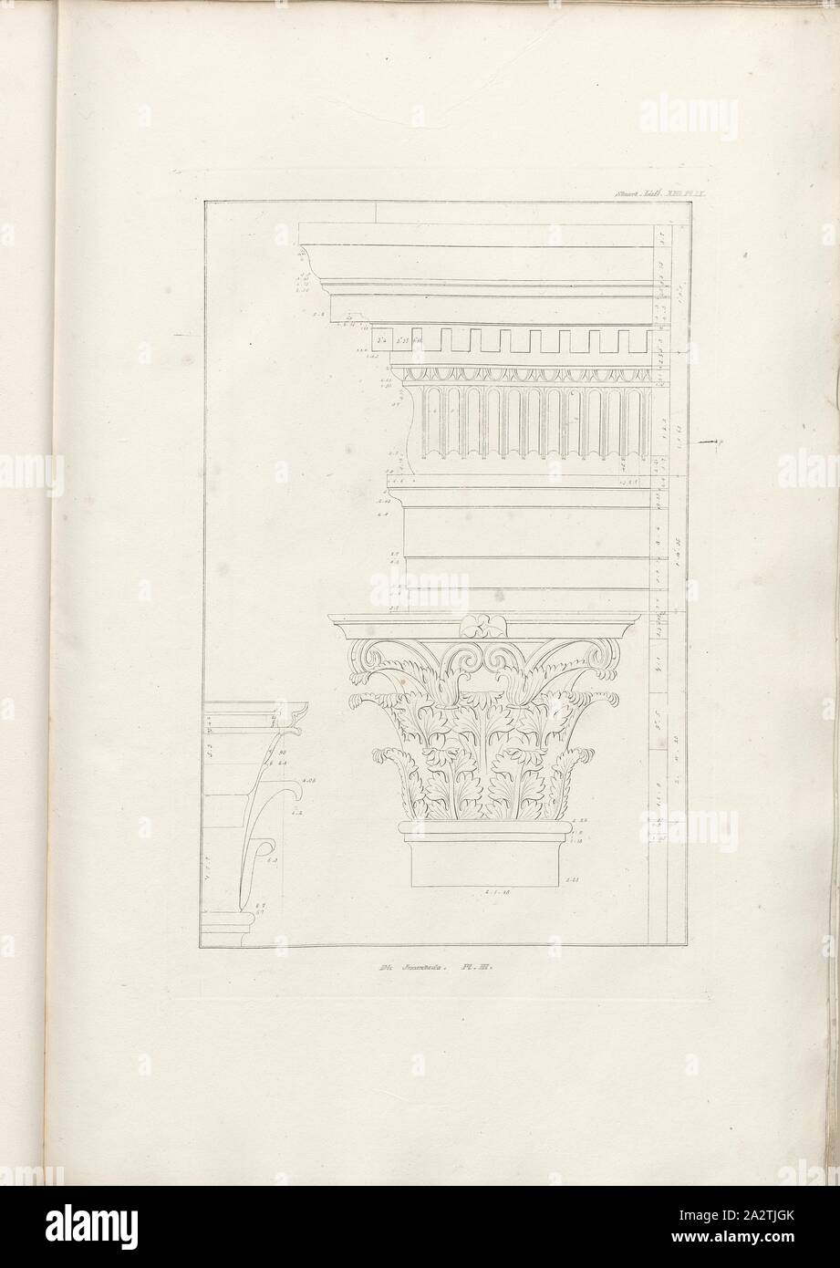 Die Incantada. Pl. III, del capitale e del cornicione dell'Agorà di Salonicco, Pl. IX, Suppl. XIII, 1829, James Stuart, Nicholas Revett: Die Alterthümer zu Athen. Erster Theil. Leipzig und Darmstadt: Verlag von Carl Wilhelm Leske, [1829 Foto Stock