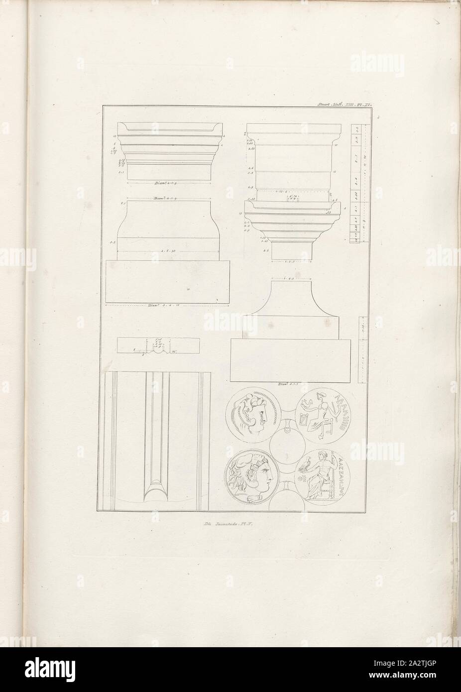 Die Incantada. Pl. V, cornice dell'Agorà di Salonicco, medaglie, Pl. XI, Suppl. XIII, 1829, James Stuart, Nicholas Revett: Die Alterthümer zu Athen. Erster Theil. Leipzig und Darmstadt: Verlag von Carl Wilhelm Leske, [1829 Foto Stock