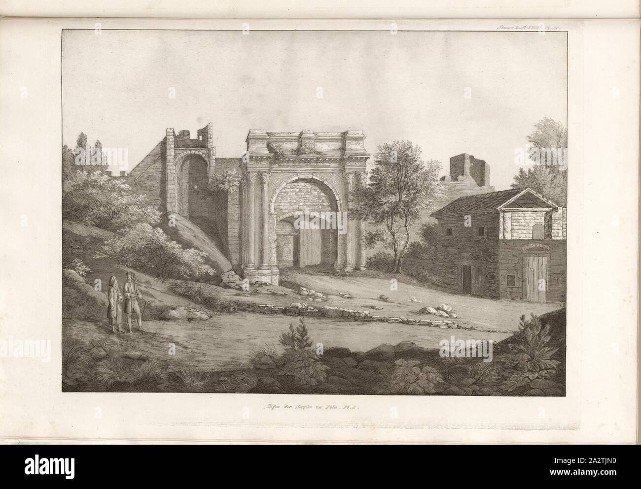 Arco del Sergians a Pola. Pl. Ho, Sergian arch (Porta aurata) a Pola (Croazia), Pl. IV, Suppl. XVII, 1829, James Stuart, Nicholas Revett: Die Alterthümer zu Athen. Erster Theil. Leipzig und Darmstadt: Verlag von Carl Wilhelm Leske, [1829 Foto Stock