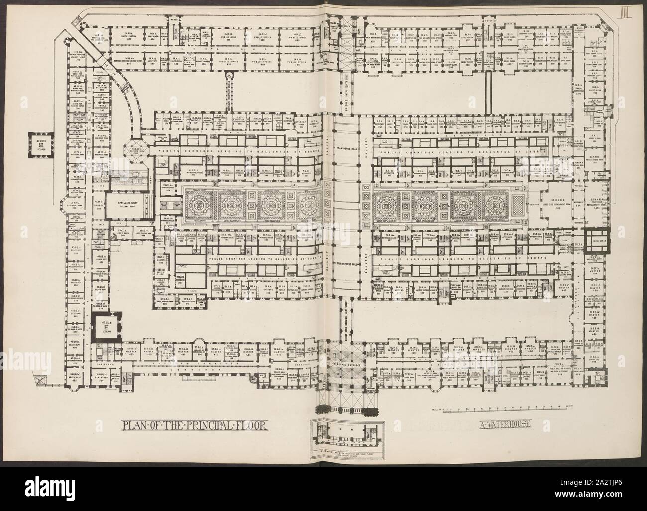 Pianta del piano principale, piano del cortile principale della Royal Courts of Justice di Londra dopo Alfred Waterhouse, piastra III, dopo p. 24, Alfred Waterhouse: Descrizione generale del design: i tribunali di giustizia la concorrenza. Londra: stampato da George E. Eyre e William Spottiswoode: Her Majesty Stationery Office, 1867 Foto Stock