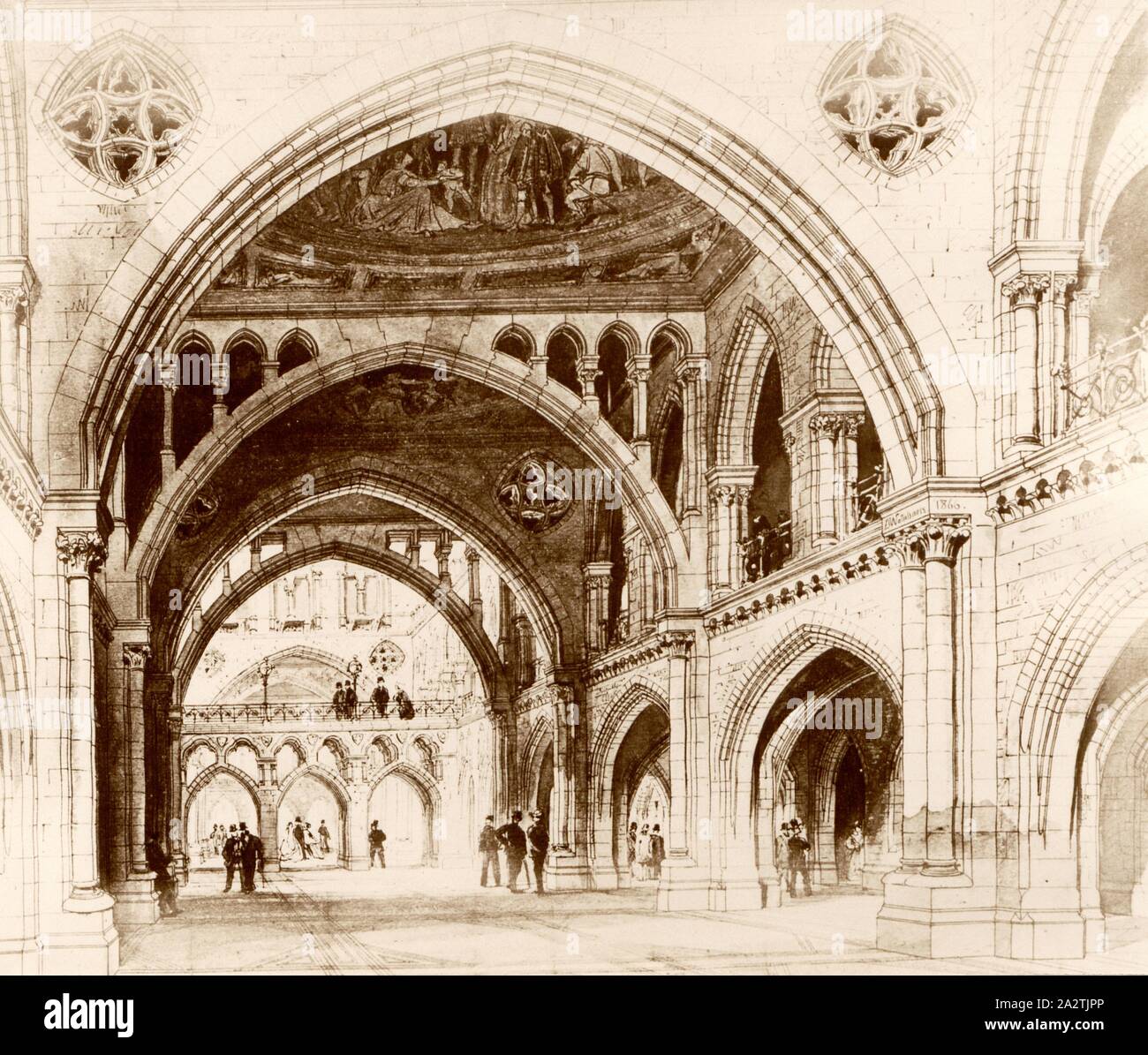 Sale trasversale, hall del Royal Courts of Justice di Londra al secondo piano da Alfred Waterhouse, TAF. XXV, dopo p. 24, Alfred Waterhouse: Descrizione generale del design: i tribunali di giustizia la concorrenza. Londra: stampato da George E. Eyre e William Spottiswoode: Her Majesty Stationery Office, 1867 Foto Stock