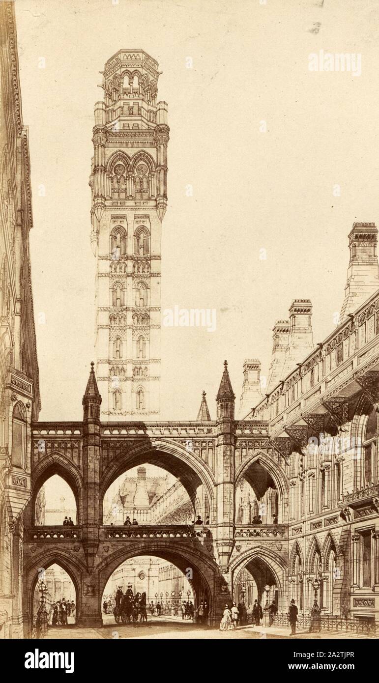 Grande Torre di testamenti dal diritto comune Street, Torre del Royal Courts of Justice di Londra al secondo piano da Alfred Waterhouse, TAF. XXVI, dopo p. 24, Alfred Waterhouse: Descrizione generale del design: i tribunali di giustizia la concorrenza. Londra: stampato da George E. Eyre e William Spottiswoode: Her Majesty Stationery Office, 1867 Foto Stock