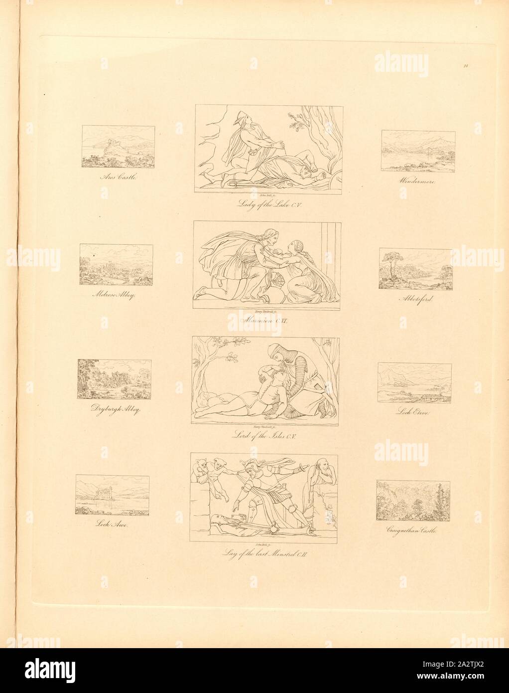 Bassorilievi dalla casa estiva sui giardini di Buckingham Palace, Aros Castello; signora del lago C.V, Windermere, Melrose Abbey; Marmion C. VI, Abbotsford, Dryburgh Abbazia; Signore delle isole C.V, Etive foro; il foro awe; Lay dell'ultimo menestrello C.II, Craignethan Castle, TAF. 19, 14, dopo p. 11, Bell, Giovanni (sc.); Timbrell, Henry (sc.), Ludwig Gruner; Anna Jameson: le decorazioni del giardino-pavilion nei giardini di Buckingham Palace. Londra : publ. da John Murray; Longman & Co.; P. & D. Colnaghi; F. G. Luna; e L. Gruner MDCCCXLVI Foto Stock