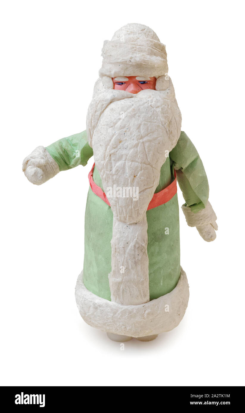 Oggetti isolati: molto vecchio tradizionale artigianale di decorazione di Natale figurina, Ded Moroz o Jack Frost, o Santa Claus, su sfondo bianco Foto Stock