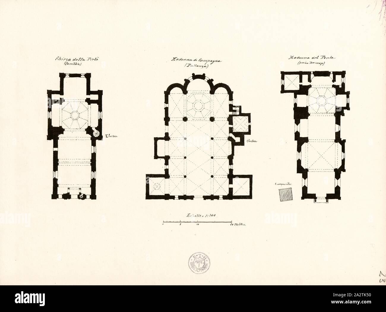Chiesa della Pietà Canobbio, Madonna di Campagna Pallanza e Madonna del Ponte vicino a Brissago, piani di chiese in Canobbio, Pallanza e Brissago, Fig. 25, secondo IX, Julius Stadler, Georg Lasius: Exkursion der Bauschule im Juli 1864: [Tessin]. Zurigo: [s.n.], [1864 Foto Stock