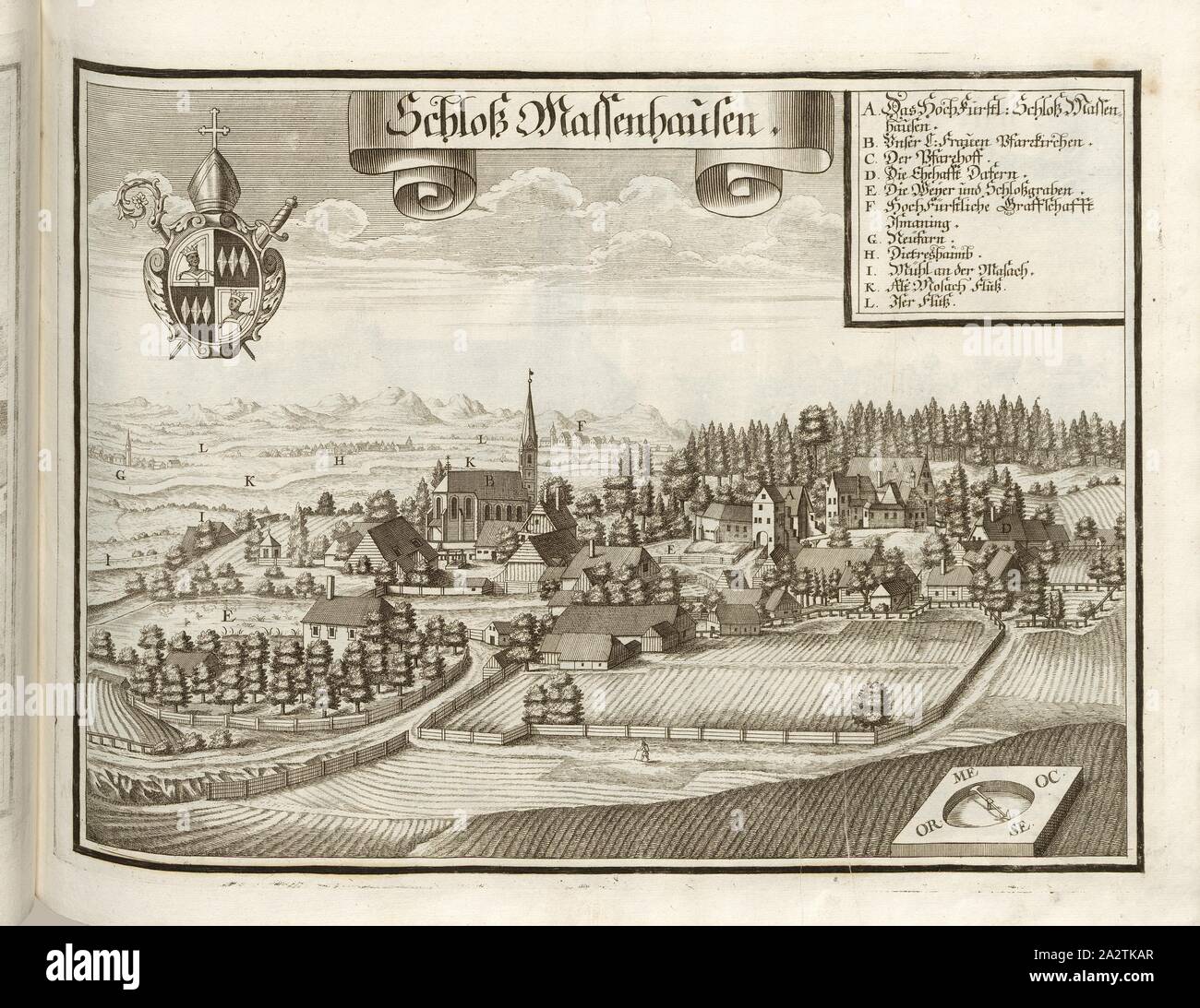 Schloss Massenhausen, Massenhausen vicino a Neufahrn in Baviera, Fig. 66, p. 38, Wening, Michael (CANC. et sc.), 1701, Michael Wening: Historico-topographica descriptio. Das ist: Beschreibung, dess Churfürsten- und Hertzogthumbs Ober- und Nidern Bayrn, welches in vier Theil oder Rennt-Aembter, als Oberlands München und Burgkhausen, Underlands aber in Landshuet unnd Straubing abgetheilt ist [...]. Thail 1. München: bey Johann Lucas Straub, gemma: lobl. Landtschafft Buchtruckern, anno M.DCCI. [1701 Foto Stock