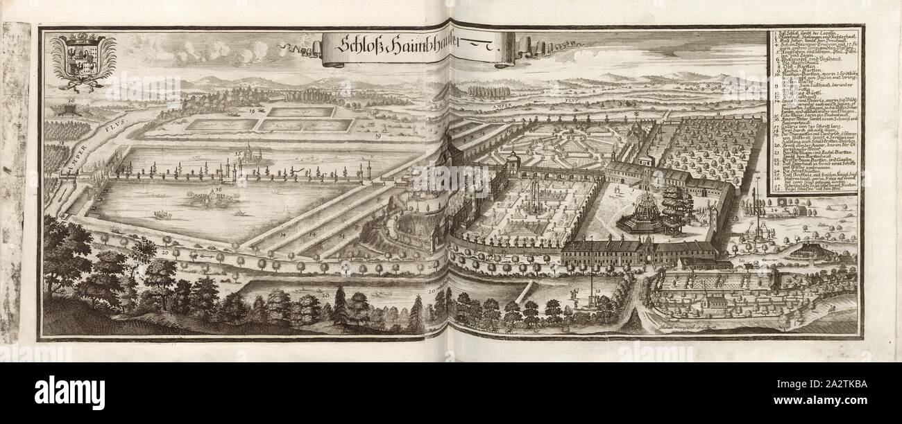 Castello Haimhausen, Haimhausen castello in Baviera (Germania), Fig. 79, p. 44, Wening, Michael (CANC. et sc.), 1701, Michael Wening: Historico-topographica descriptio. Das ist: Beschreibung, dess Churfürsten- und Hertzogthumbs Ober- und Nidern Bayrn, welches in vier Theil oder Rennt-Aembter, als Oberlands München und Burgkhausen, Underlands aber in Landshuet unnd Straubing abgetheilt ist [...]. Thail 1. München: bey Johann Lucas Straub, gemma: lobl. Landtschafft Buchtruckern, anno M.DCCI. [1701 Foto Stock