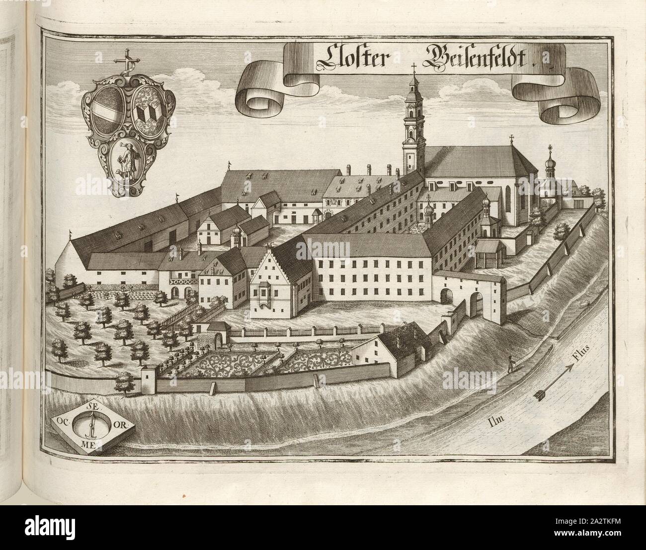 Chiostro Geisenfeldt, Monastero Geisenfeld in Baviera (Germania), Fig. 147, p. 78, Wening, Michael (CANC. et sc.), 1701, Michael Wening: Historico-topographica descriptio. Das ist: Beschreibung, dess Churfürsten- und Hertzogthumbs Ober- und Nidern Bayrn, welches in vier Theil oder Rennt-Aembter, als Oberlands München und Burgkhausen, Underlands aber in Landshuet unnd Straubing abgetheilt ist [...]. Thail 1. München: bey Johann Lucas Straub, gemma: lobl. Landtschafft Buchtruckern, anno M.DCCI. [1701 Foto Stock