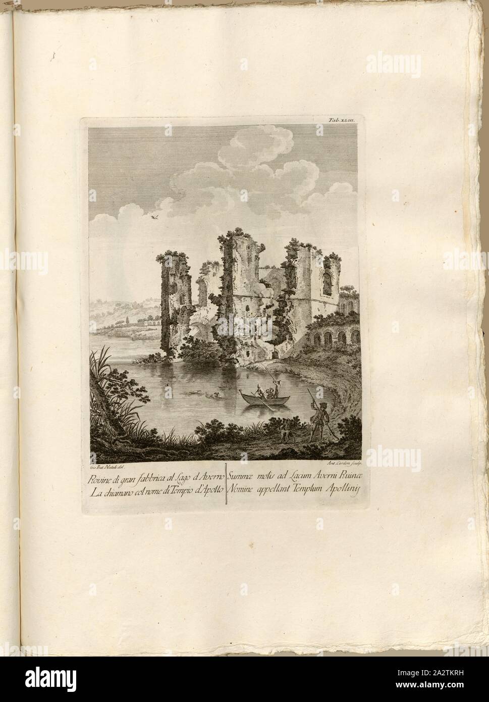 Le rovine di una grande fabbrica presso il lago di Averno è chiamata anche il nome di Tempio di Apollo, le rovine del Tempio di Apollo sul Lago d'Averno a Pozzuoli, firmato: Gio., Bat., Natali del, Ant. Cardon scul, Tab. XLIII, Natali, Giovan Battista (CANC.); Cardon, Antoine Alexandre Joseph (sc.), 1768, Paolo Antonius Paoli: avanzi delle antichita esistenti a Pozzuoli Cuma e Baja. [Neapel]: [s.n.], anno A.C.N.MDCCLXVIII. [1768 Foto Stock