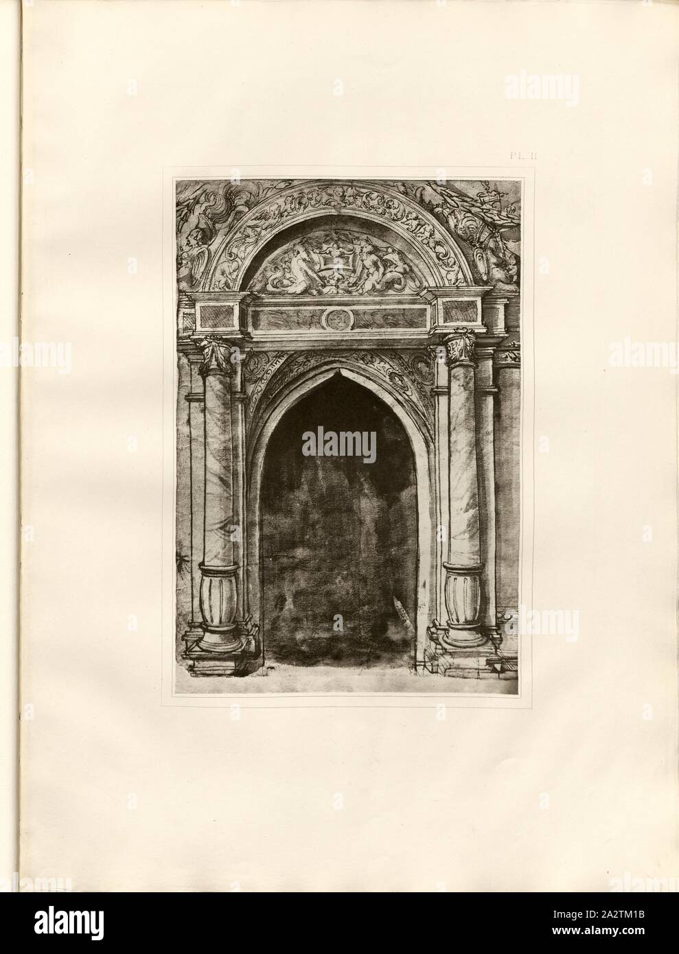 Il portale di stile rinascimentale, Chiesa del portale con arco a sesto acuto, Pl. II, dopo S. XLIII, Holbein, Hans (dess.); Boussod e Valadon & CIE (ed.), Eduard His: Dessins d'ornamenti de Hans Holbein: fac-simile en fotoincisione. Parigi: Boussod e Valadon & Cie, Editeurs, 1886 Foto Stock