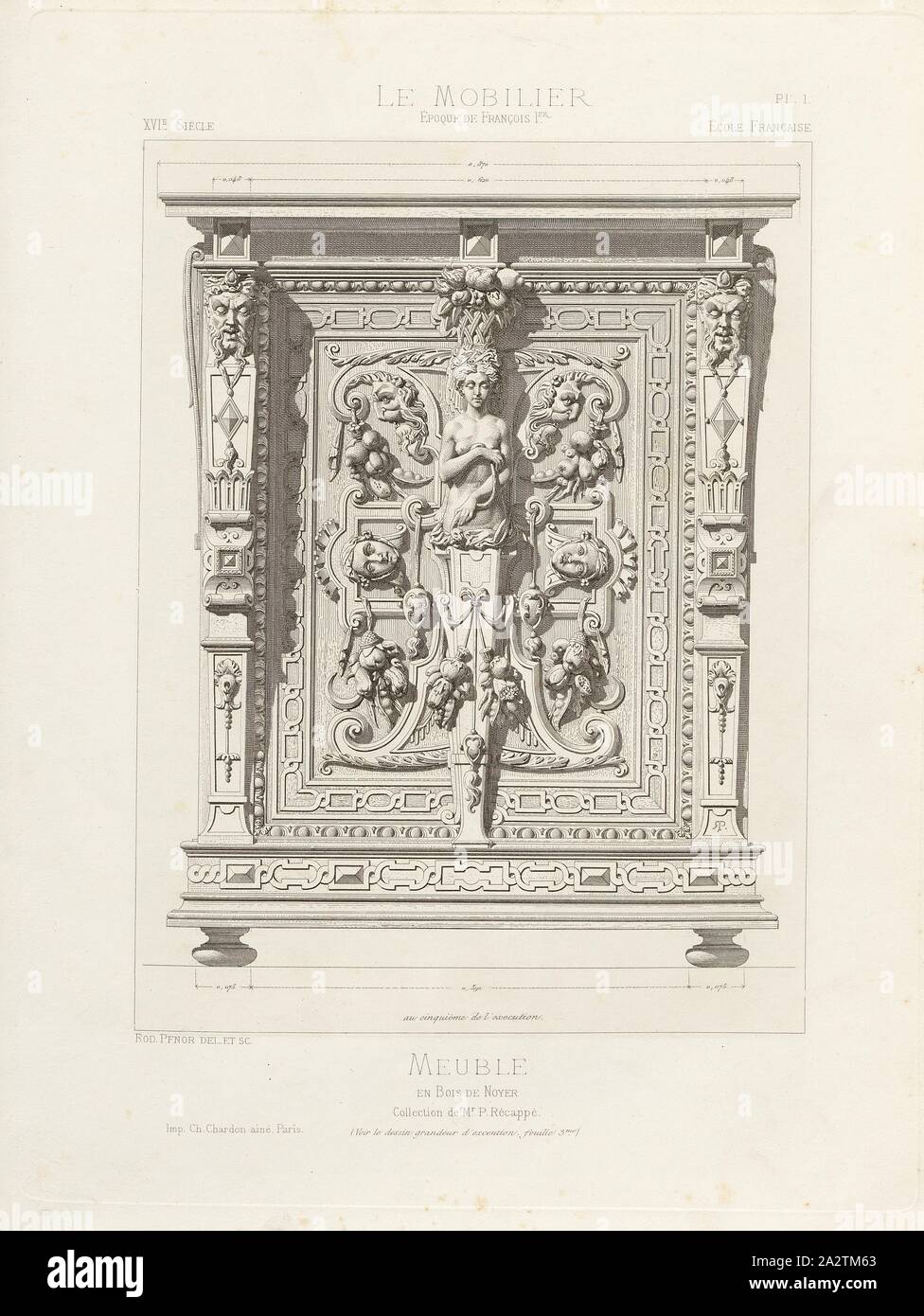 Mobili in legno di noce. Raccolta del sig. P. ricapitolato, XVI secolo Legno di noce mobili (François I stile), firmato: asta., Pfnor del. Et., imp. Ch. Chardon ainé, Pl. 1, p. 8, Pfnor, Rodolphe (CANC. et sc.); Chardon, Ch. ainé (imp.), Rodolphe Pfnor: Le mobilier de la Couronne et des grandes collections publiques et particulières du XIIIe siècle au XIXe siècle: mobilier civile. Mobilier religieux. Meubles, tentures, tapisseries, bronzi et objets d'arte de toutes les epoche accompagnés de dessins, grandezza d'exécution. Parigi: Ch. Juliot, Editeur: Librairie Générale de L'Architecture et des Foto Stock