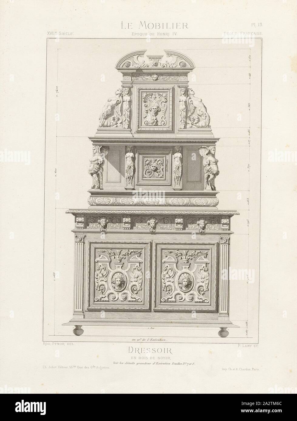 Il legno di noce Credenza del xvii secolo mobili (Henri IV stile), firmato: asta., Pfnor del, P. Lamy, Ch. Juliot Editeur; Imp. Ch. Et al. Chardon, Pl. 13, p. 8, Pfnor, Rodolphe (CANC.); Lamy, P. (sc.); Juliot, Ch. (Ed.); Chardon, Ch. et A. (imp.), Rodolphe Pfnor: Le mobilier de la Couronne et des grandes collections publiques et particulières du XIIIe siècle au XIXe siècle: mobilier civile. Mobilier religieux. Meubles, tentures, tapisseries, bronzi et objets d'arte de toutes les epoche accompagnés de dessins, grandezza d'exécution. Parigi: Ch. Juliot, Editeur: Librairie Générale de L'Architecture et Foto Stock