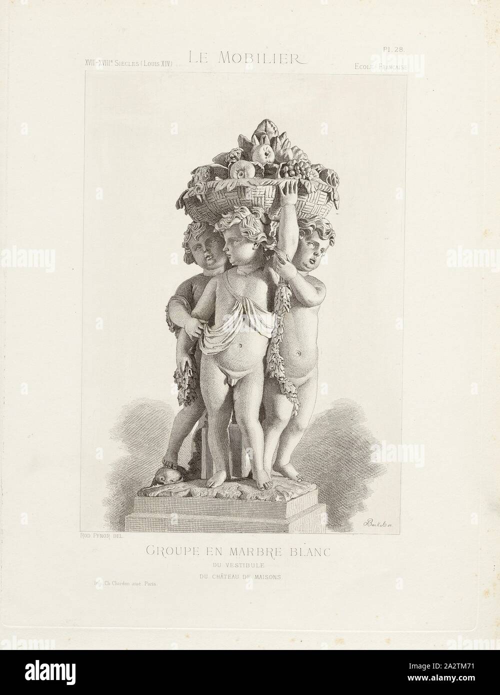 Marmo bianco gruppo di Castle House vestibolo, figure di marmo dal XVII - XVIII sec., secolo (stile Luigi XIV), firmato: asta., Pfnor del banchiere, sc, Imp. Ch. Chardon ainé, Pl. 28, p. 8, Pfnor, Rodolphe (CANC.); Bankel (sc.); Chardon, Ch. ainé (imp.), Rodolphe Pfnor: Le mobilier de la Couronne et des grandes collections publiques et particulières du XIIIe siècle au XIXe siècle: mobilier civile. Mobilier religieux. Meubles, tentures, tapisseries, bronzi et objets d'arte de toutes les epoche accompagnés de dessins, grandezza d'exécution. Parigi: Ch. Juliot, Editeur: Librairie Générale de l' Foto Stock