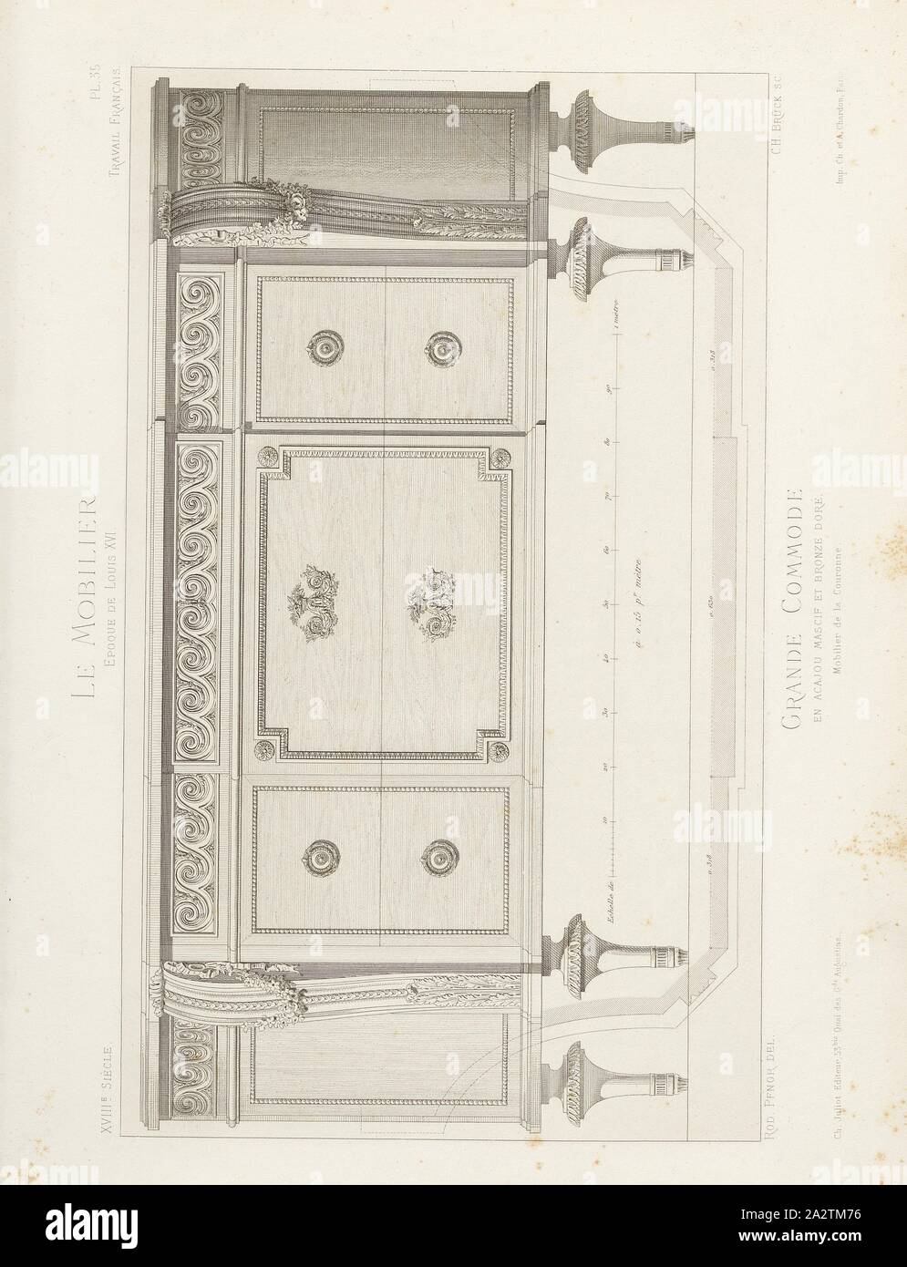 Grande credenza in mogano e bronzo dorato. Arredi di corona, XVIII secolo cassettiera stile Luigi XVI), firmato: asta., Pfnor del, Ch. Brück sc, Ch. Juliot, Editeur; Imp. Ch. Et A. Chardon, Pl. 35, dopo p. 8, Pfnor, Rodolphe (CANC.); Brück, Ch. (Sc.); Juliot, Ch. (Ed.); Chardon, Ch. et A. (imp.), Rodolphe Pfnor: Le mobilier de la Couronne et des grandes collections publiques et particulières du XIIIe siècle au XIXe siècle: mobilier civile. Mobilier religieux. Meubles, tentures, tapisseries, bronzi et objets d'arte de toutes les epoche accompagnés de dessins, grandezza d'exécution. Parigi: Ch Foto Stock