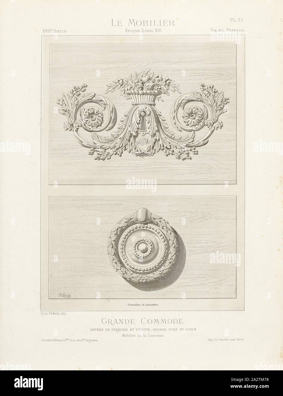 Grande cassettiera con serratura e cerniera lampo dorato e bronzo cesellato. Crown arredi del XVIII secolo cassettiera e maniglie (stile Luigi XVI), firmato: asta., Pfnor del, Ch. Juliot, Editeur; Imp. Ch. Chardon ainé, Pl. 37, dopo p. 8, Pfnor, Rodolphe (CANC.); Juliot, Ch. (Ed.); Chardon, Ch. (Imp.), Rodolphe Pfnor: Le mobilier de la Couronne et des grandes collections publiques et particulières du XIIIe siècle au XIXe siècle: mobilier civile. Mobilier religieux. Meubles, tentures, tapisseries, bronzi et objets d'arte de toutes les epoche accompagnés de dessins, grandezza d'exécution. Parigi Foto Stock