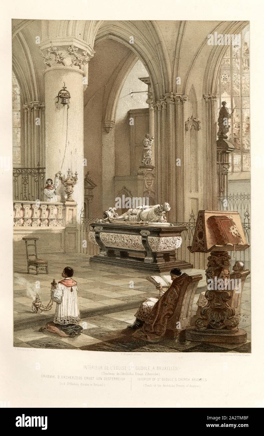 Interno di S. Chiesa Gudule a Bruxelles la tomba di Ernest Arciduca d'Austria, tomba di Ernst dell'Austria (1553 1595) nella cattedrale di San Michele e Santa Gudula a Bruxelles, firmato: F. Stroobant del. Et lith, Muquart éditeur; Imp. Simonau & Toovey, Fig. 2, Stroobant, F. (CANC. et lith.); Simonau et Toovey (imp.); Muquart (éd.), François Stroobant, F. Stappaerts: Le Brabant et les Flandres: monumenti d'architecture et de la scultura. Parigi: Delaroche, Pilon et Comp., [1857 Foto Stock