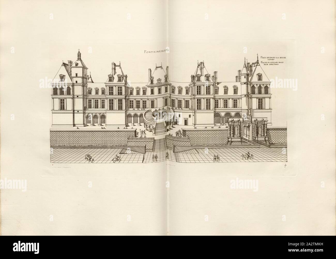 Fontainebleau. Di fronte al tribunale inferiore, Château de Fontainebleau in Francia, firmato: FD; Imp. Lemercier et Cie, A. Lévy (ed.), Fig. 16, Cerceau, Jacques Androuet du (CANC.); Faure-Dujarric, Pierre-Lucien (sc.); Lemercier (imp.); Levy, A. (ed.), 1868, Jacques Androuet du Cerceau; Hippolyte A. Destailleur: Les plus eccellenti bastiments de France. Parigi: A. Lévy, Libraire-Editeur, M DCCC LXVIII - M DCCC LXX. [1868-1870 Foto Stock