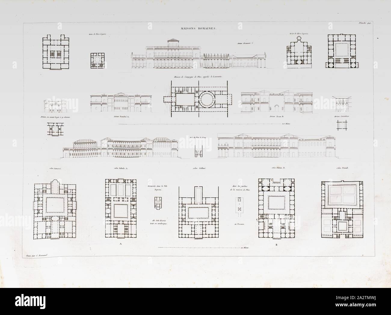 Case Romane, varie case romane, firmato: Gravé par C. Normand, Pl. 44, p. 97, Normand, C. (gravé), Jean-Nicolas-Louis Durand: Recueil et parallèle des édifices de tout genere anciens et modernes, remarquables par leur beauté, par leur grandeur ou par leur singularité, et dessinés sur une même échelle. Parigi: Chez l'auteur, 1801 Foto Stock