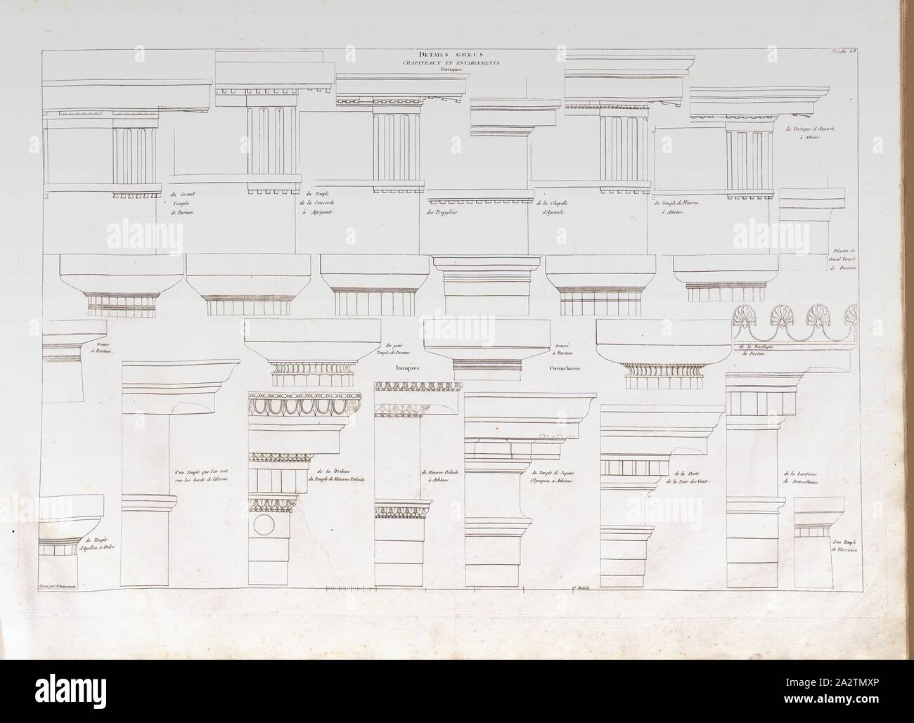 I dettagli di greco, capitelli dorici e entablatures, capitelli dorici e trabeazione, firmato: Gravé par N. Ransonnette, Pl. 69, p. 145, Ransonnette, N. (gravé), Jean-Nicolas-Louis Durand: Recueil et parallèle des édifices de tout genere anciens et modernes, remarquables par leur beauté, par leur grandeur ou par leur singularité, et dessinés sur une même échelle. Parigi: Chez l'auteur, 1801 Foto Stock