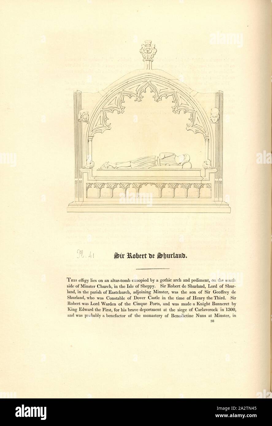 Sir Robert de Shurland, tomba di Sir Robert de Shurland presso il St Mary e St Sexburga chiesa in Minster sull'Isle of Sheppey, Fig. 44, p. 38, Charles Alfred Stothard, Alfred John Kempe: la monumentale effigi di Gran Bretagna: selezionato dal nostro cattedrali e chiese, allo scopo di riunire e preservare il corretto rappresentazioni delle migliori illustrazioni storico extant, dalla conquista normanna al regno di Enrico VIII: dedicata da il permesso al principe reggente. Londra: stampato da J. M'Creery [...], 1817-1832 Foto Stock