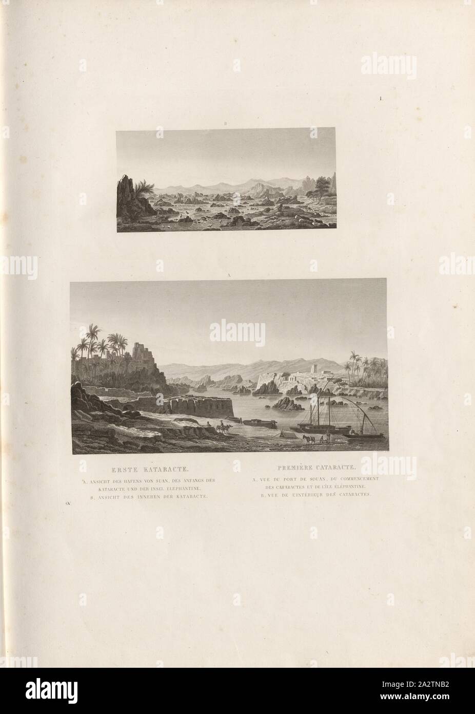 Prima cataratta, Fig. A: veduta del porto di Suan, inizio della cataratta e l'Isola Elefantina (Nilo vicino a Aswan), Fig. B: Vista dell'interno della cataratta (Nilo ad Aswan), firmato: GAV; Schroeder sc, Pl. 1, p. 37, Gau, Franz Christian (CANC.); Schroeder (sc.), Franz Christian Gau; Barthold Georg Niebuhr: Antiquités de la Nubie: ou monumens inediti des bords du nullo, situés entre la première et la seconde cataracte: ouvrage faisant suite au grand ouvrage de la commissione d'Egypte; dédié au Roi. Stoccarda: aux frais de la Librairie de J. G. Cotta; Parigi: Imprimerie et Foto Stock