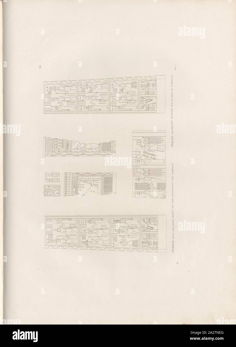 Dekkeh, metà sollevato il lavoro sulla parte anteriore della lobby, tempio egizio di ad-Dakka, firmato: GAV; Bigant sc, Pl. 38, p. 82, Gau, Franz Christian (CANC.); Bigant (sc.), Franz Christian Gau; Barthold Georg Niebuhr: Antiquités de la Nubie: ou monumens inediti des bords du nullo, situés entre la première et la seconde cataracte: ouvrage faisant suite au grand ouvrage de la commissione d'Egypte; dédié au Roi. Stoccarda: aux frais de la Librairie de J. G. Cotta; Parigi: Imprimerie et Librairie de Firmin Didot, MDCCCXXII. [1822 Foto Stock