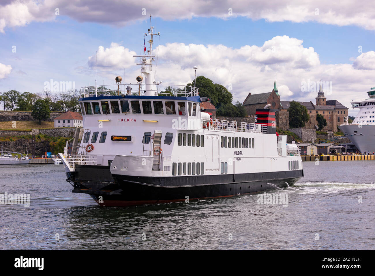 OSLO, Norvegia - Traghetto Huldra in porto, Oslo waterfront. Foto Stock